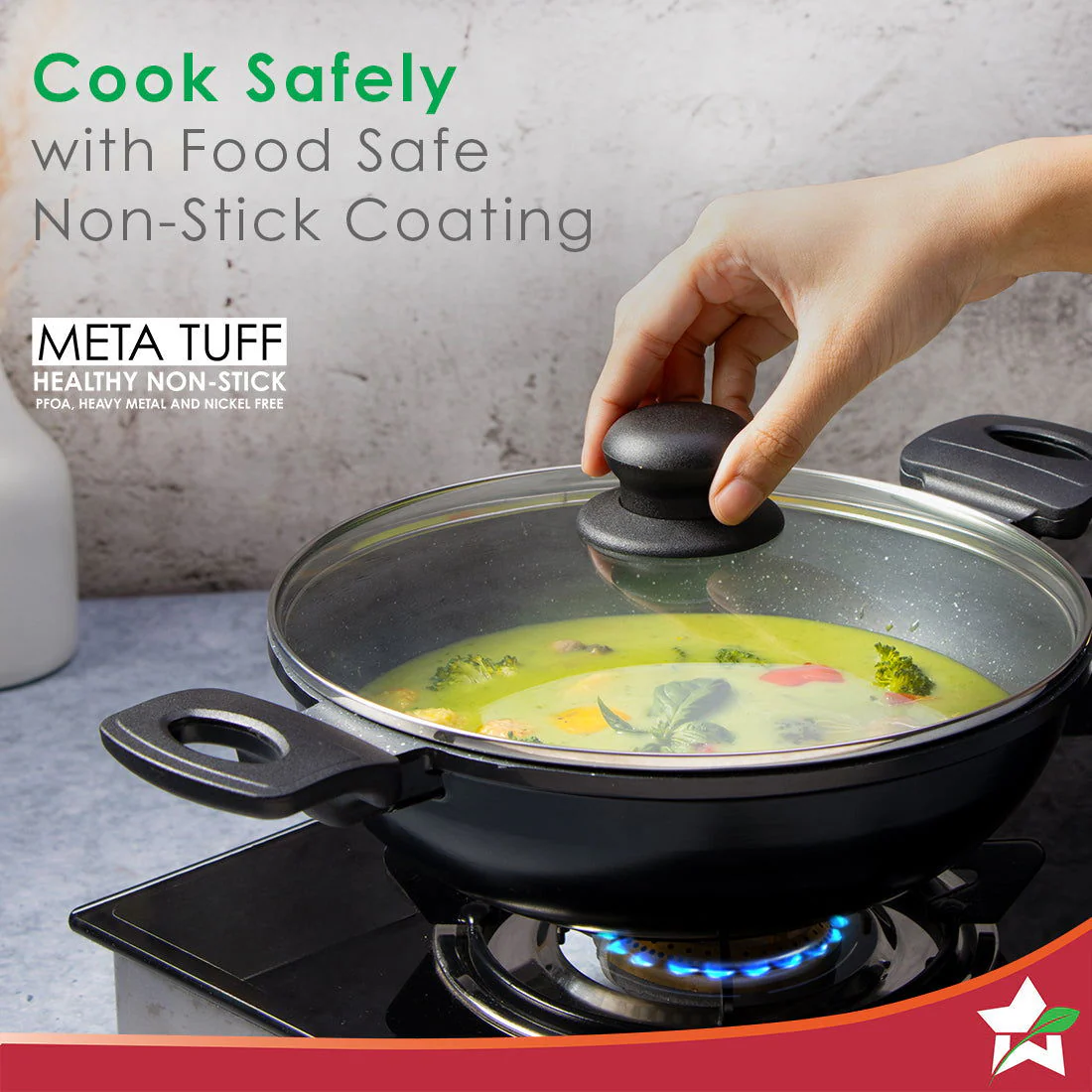 Duralite Die-Cast Kadhai with Lid | 24 cm | 2.4 L | 5 Layer Meta-Tuff Non-Stick Coating | Never Loses Shape | Non-Toxic | Cool Touch Handles and Knob | PFOA Free | Pure Grade Aluminium | Easy to Clean | Grey | 2 Years Warranty - Image 3