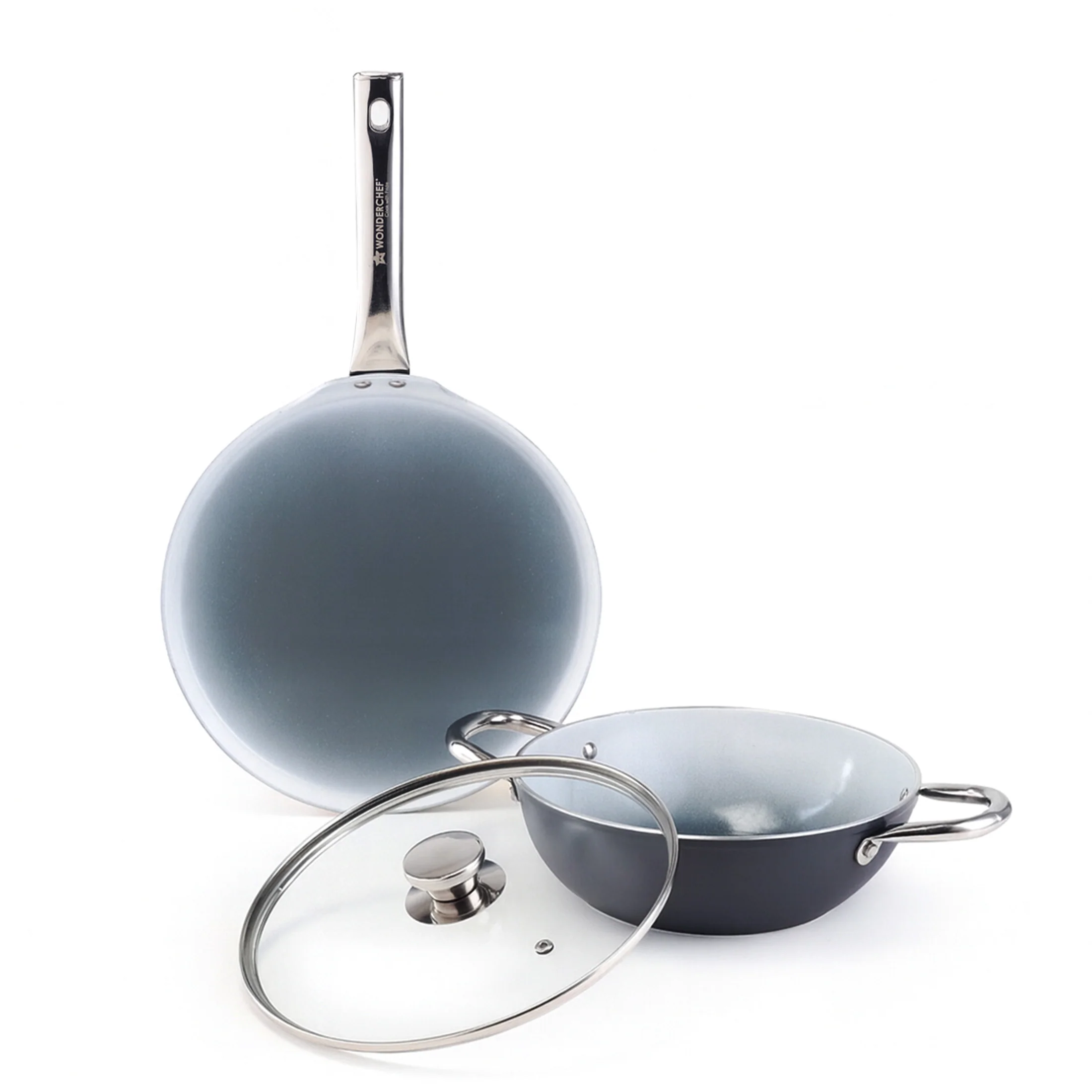 Eco-Glide Ceramic Cookware Set, Kadhai & Glass Lid-24cm, Dosa Tawa-28cm, Non-toxic, Chemical & PFOA Free, Stainless-steel Handle, Gas/Induction Compatible, Low oil cooking, 2-Year Warranty