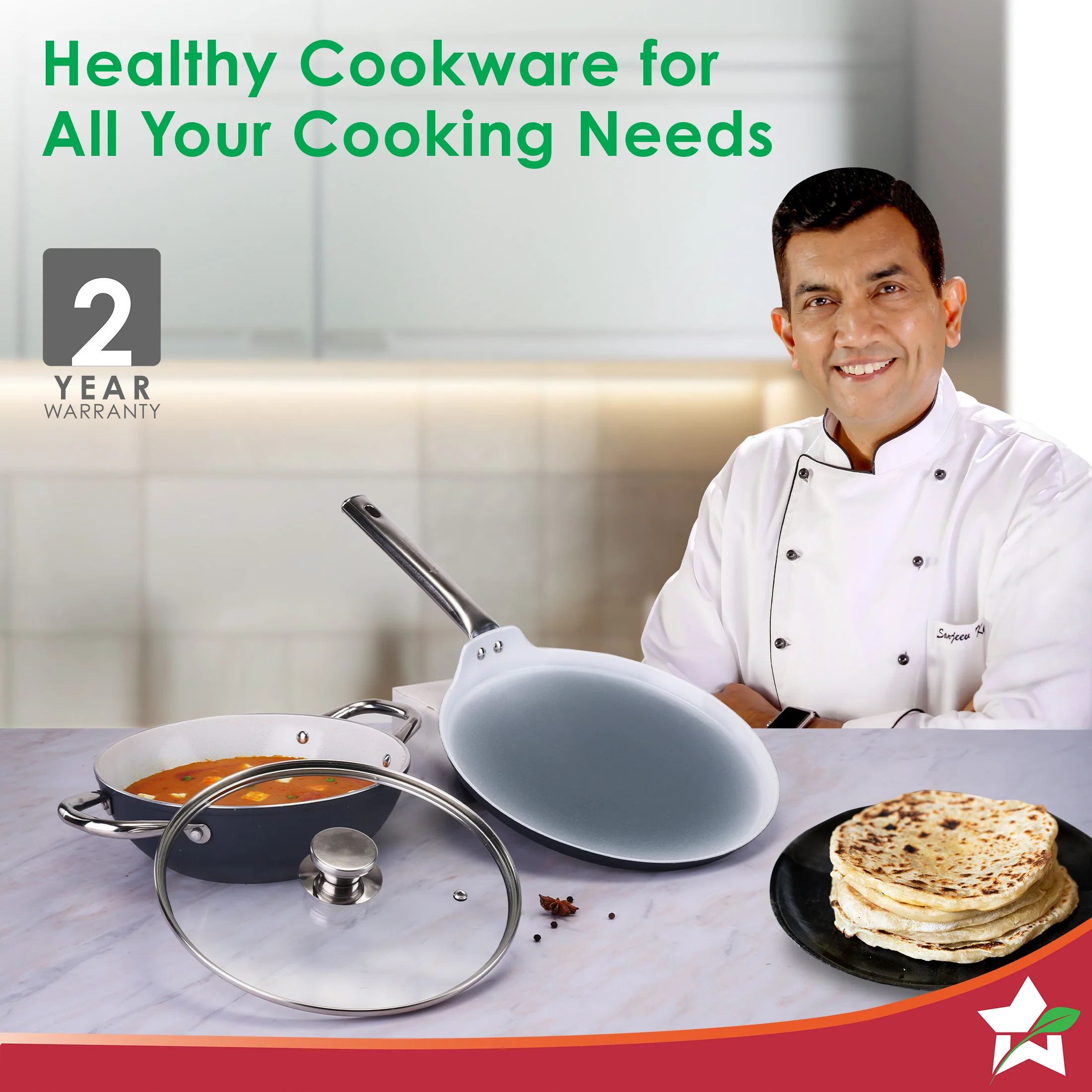 Eco-Glide Ceramic Cookware Set, Kadhai & Glass Lid-24cm, Dosa Tawa-28cm, Non-toxic, Chemical & PFOA Free, Stainless-steel Handle, Gas/Induction Compatible, Low oil cooking, 2-Year Warranty - Image 2