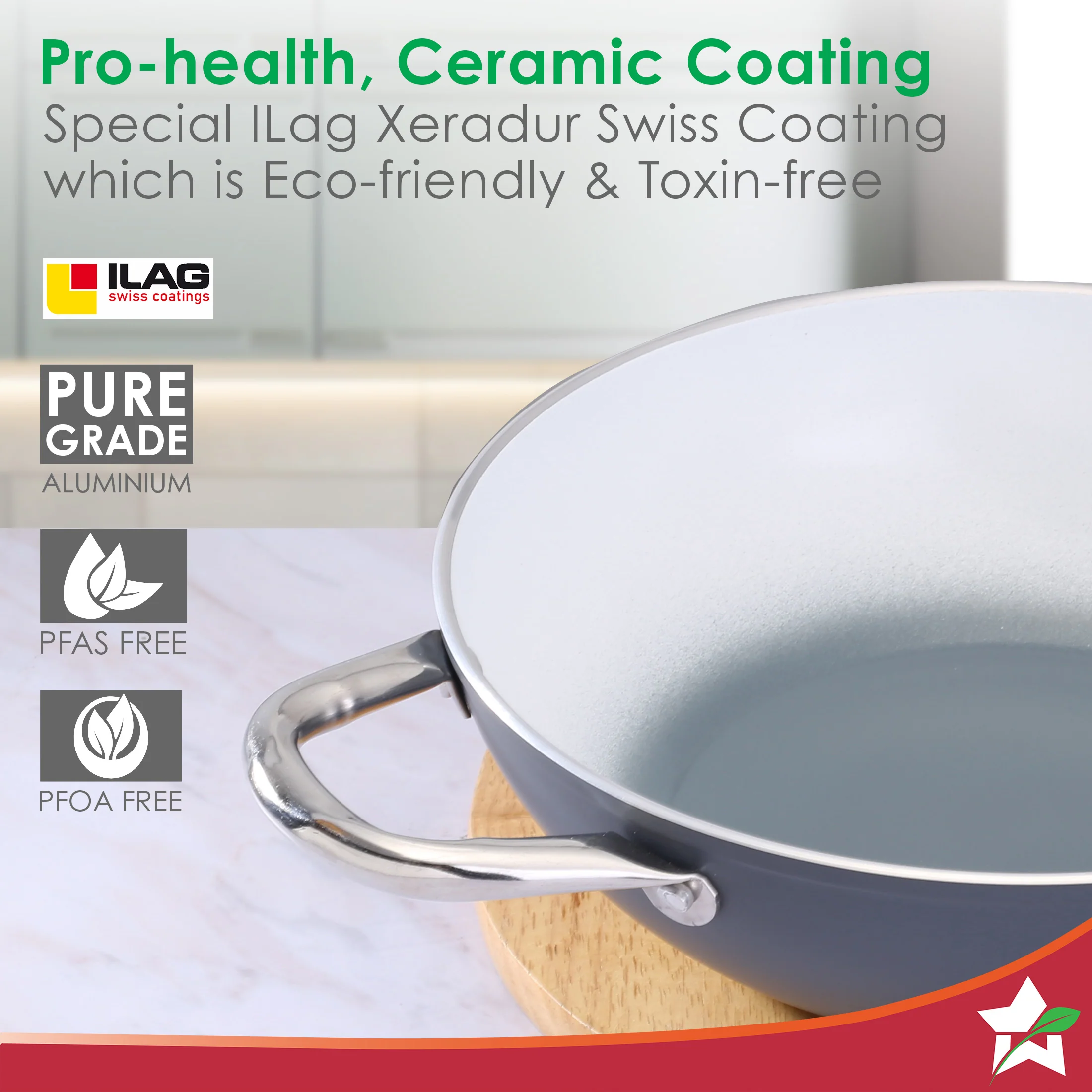 Eco-Glide Ceramic Cookware Set, Kadhai & Glass Lid-24cm, Dosa Tawa-28cm, Non-toxic, Chemical & PFOA Free, Stainless-steel Handle, Gas/Induction Compatible, Low oil cooking, 2-Year Warranty - Image 3