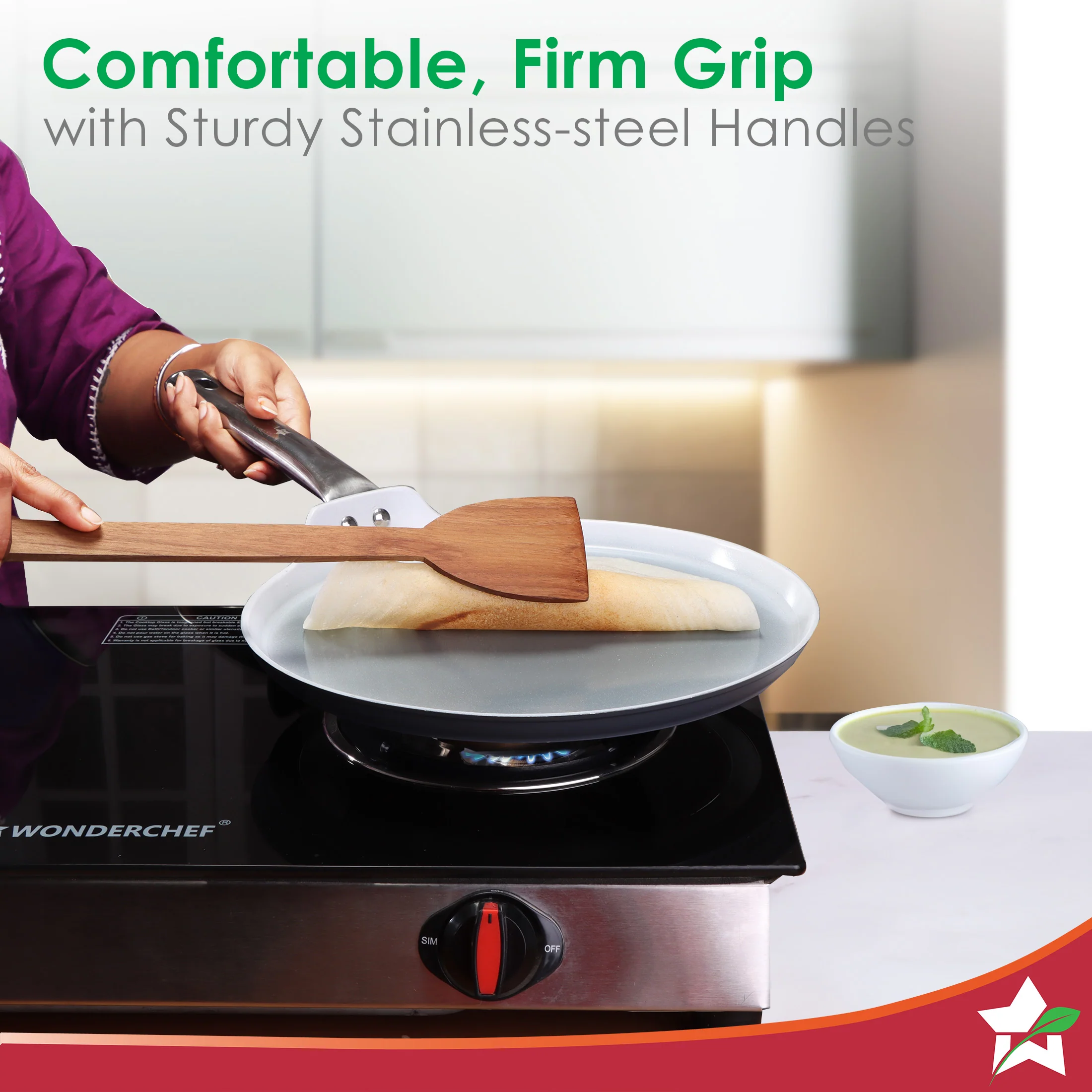 Eco-Glide Ceramic Cookware Set, Kadhai & Glass Lid-24cm, Dosa Tawa-28cm, Non-toxic, Chemical & PFOA Free, Stainless-steel Handle, Gas/Induction Compatible, Low oil cooking, 2-Year Warranty - Image 5