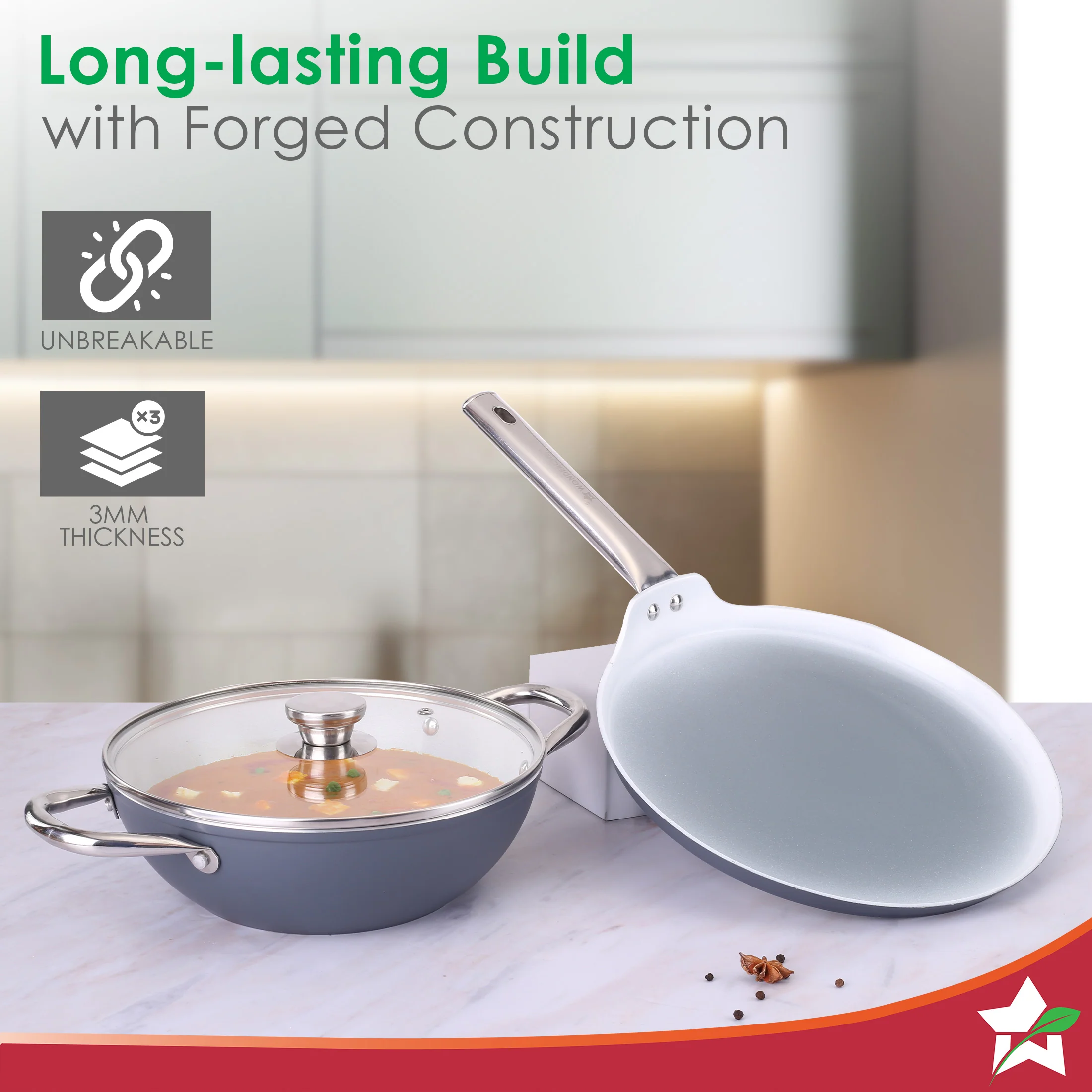 Eco-Glide Ceramic Cookware Set, Kadhai & Glass Lid-24cm, Dosa Tawa-28cm, Non-toxic, Chemical & PFOA Free, Stainless-steel Handle, Gas/Induction Compatible, Low oil cooking, 2-Year Warranty - Image 6