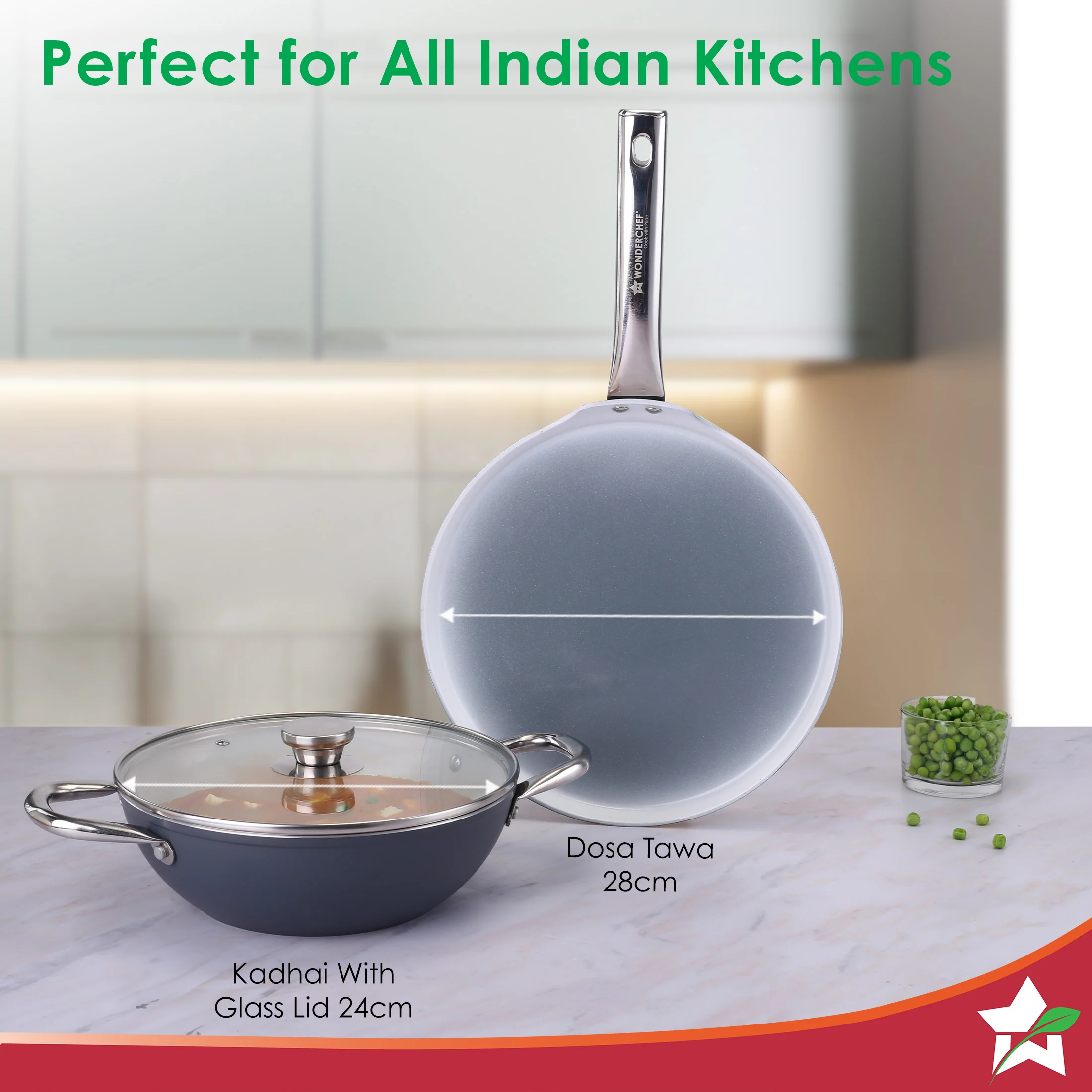 Eco-Glide Ceramic Cookware Set, Kadhai & Glass Lid-24cm, Dosa Tawa-28cm, Non-toxic, Chemical & PFOA Free, Stainless-steel Handle, Gas/Induction Compatible, Low oil cooking, 2-Year Warranty - Image 7