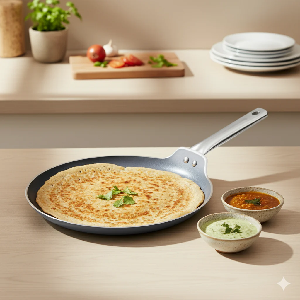 Eco-Glide Ceramic Dosa Tawa 28cm, Non-Toxic, Chemical & PFOA Free, Low Oil Cooking, Scratch-resistant, Stainless-steel Handle, Gas & Induction Compatible, 2-Year Warranty, Grey - Image 10