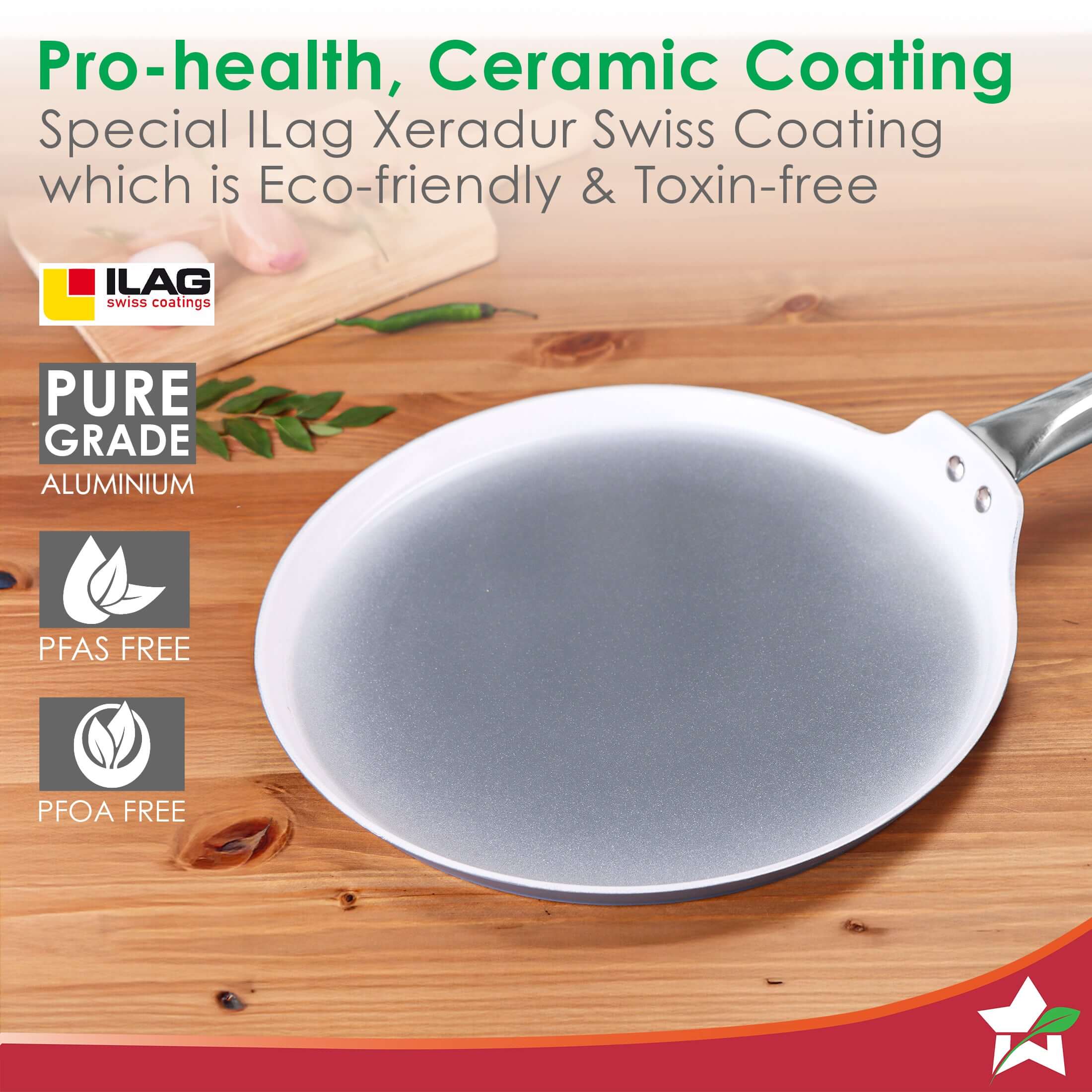 Eco-Glide Ceramic Dosa Tawa 28cm, Non-Toxic, Chemical & PFOA Free, Low Oil Cooking, Scratch-resistant, Stainless-steel Handle, Gas & Induction Compatible, 2-Year Warranty, Grey - Image 3
