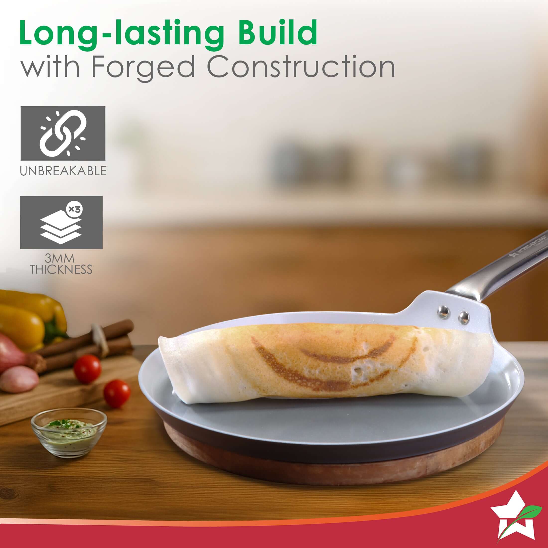 Eco-Glide Ceramic Dosa Tawa 28cm, Non-Toxic, Chemical & PFOA Free, Low Oil Cooking, Scratch-resistant, Stainless-steel Handle, Gas & Induction Compatible, 2-Year Warranty, Grey - Image 7