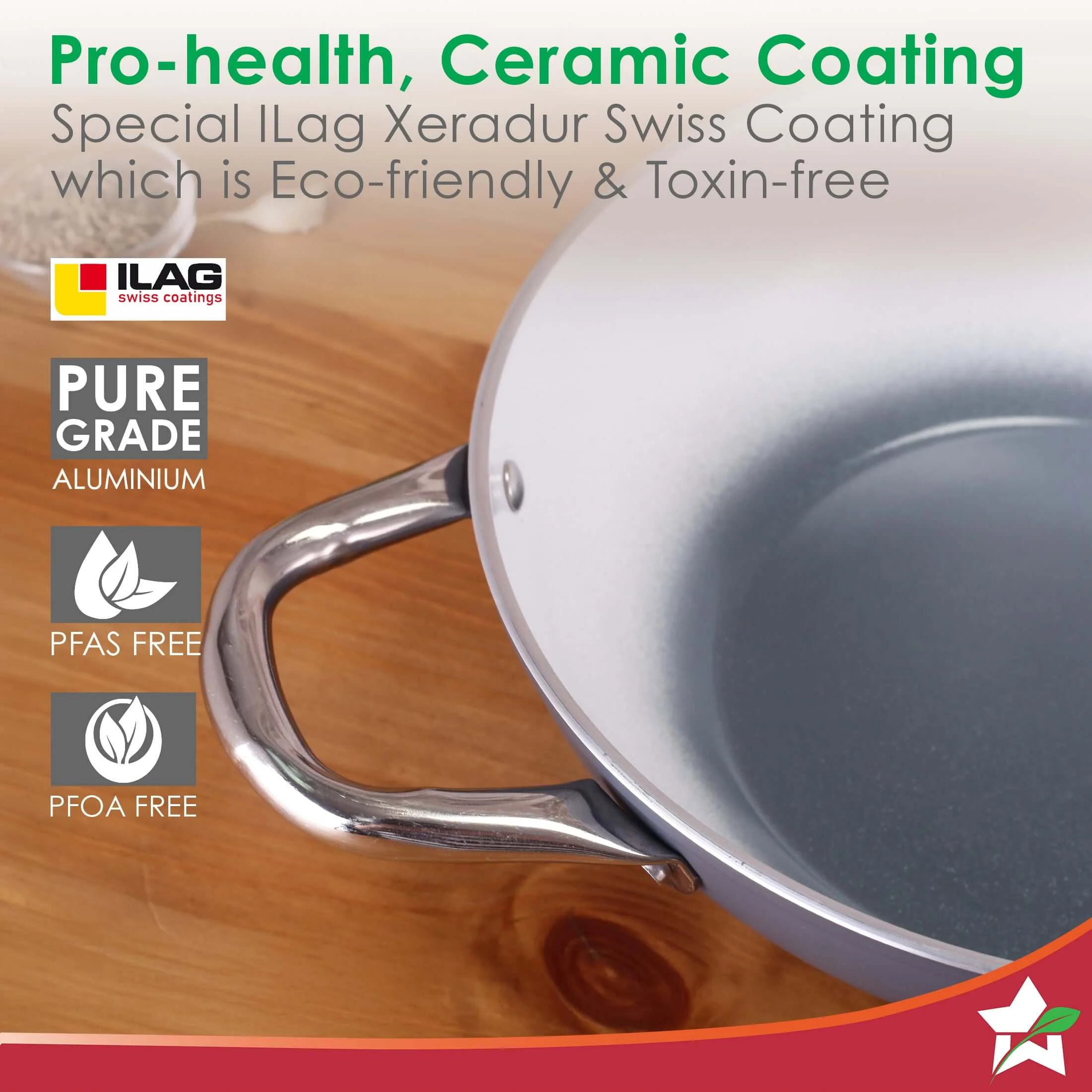 Eco-Glide Ceramic Kadhai 24cm with Glass Lid, 2.5L Non-Toxic, Chemical & PFOA Free, Low Oil Cooking, Scratch-resistant, Stainless-steel Handle, Gas+Induction Compatible, 2-Yr Warranty, Grey - Image 3