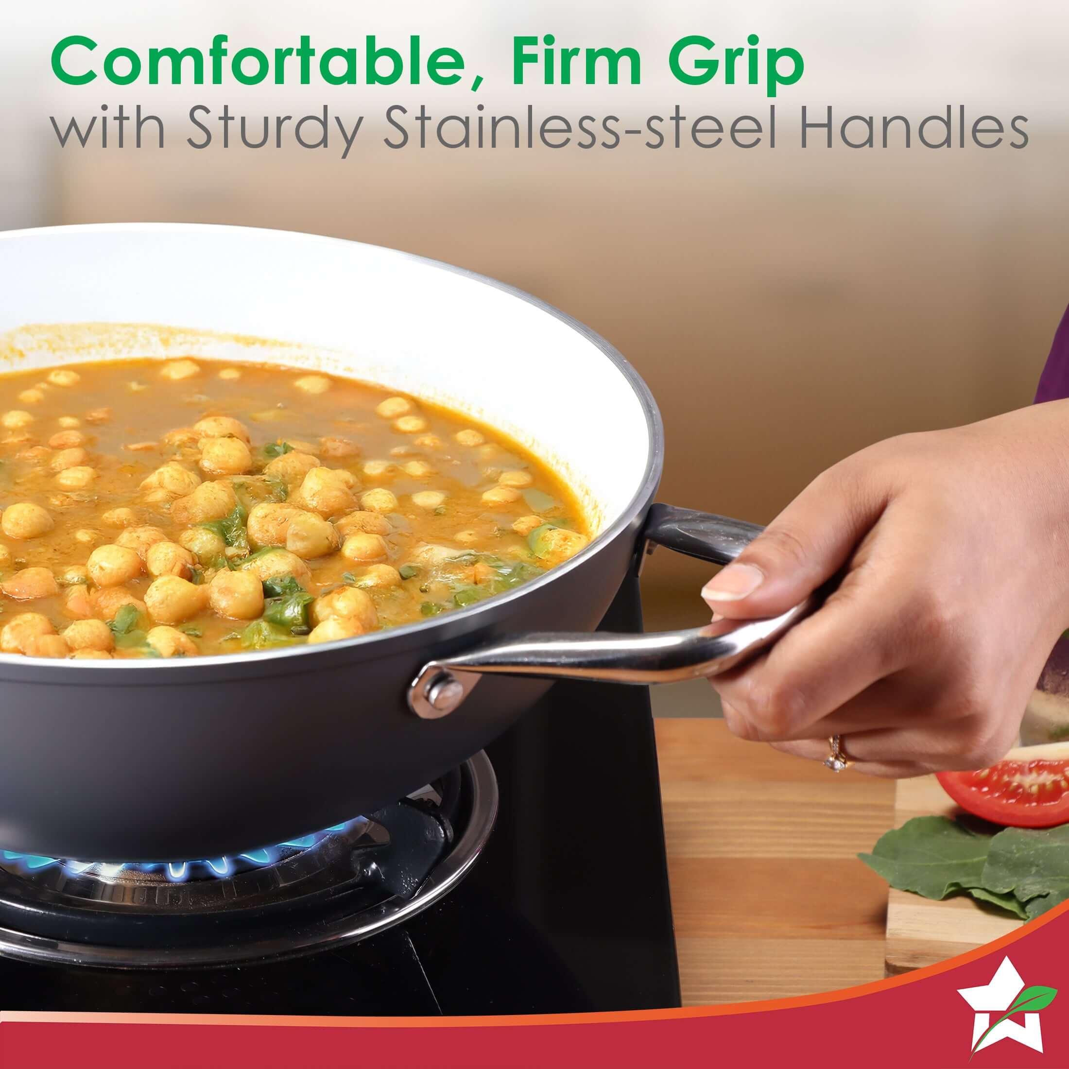 Eco-Glide Ceramic Kadhai 24cm with Glass Lid, 2.5L Non-Toxic, Chemical & PFOA Free, Low Oil Cooking, Scratch-resistant, Stainless-steel Handle, Gas+Induction Compatible, 2-Yr Warranty, Grey - Image 5