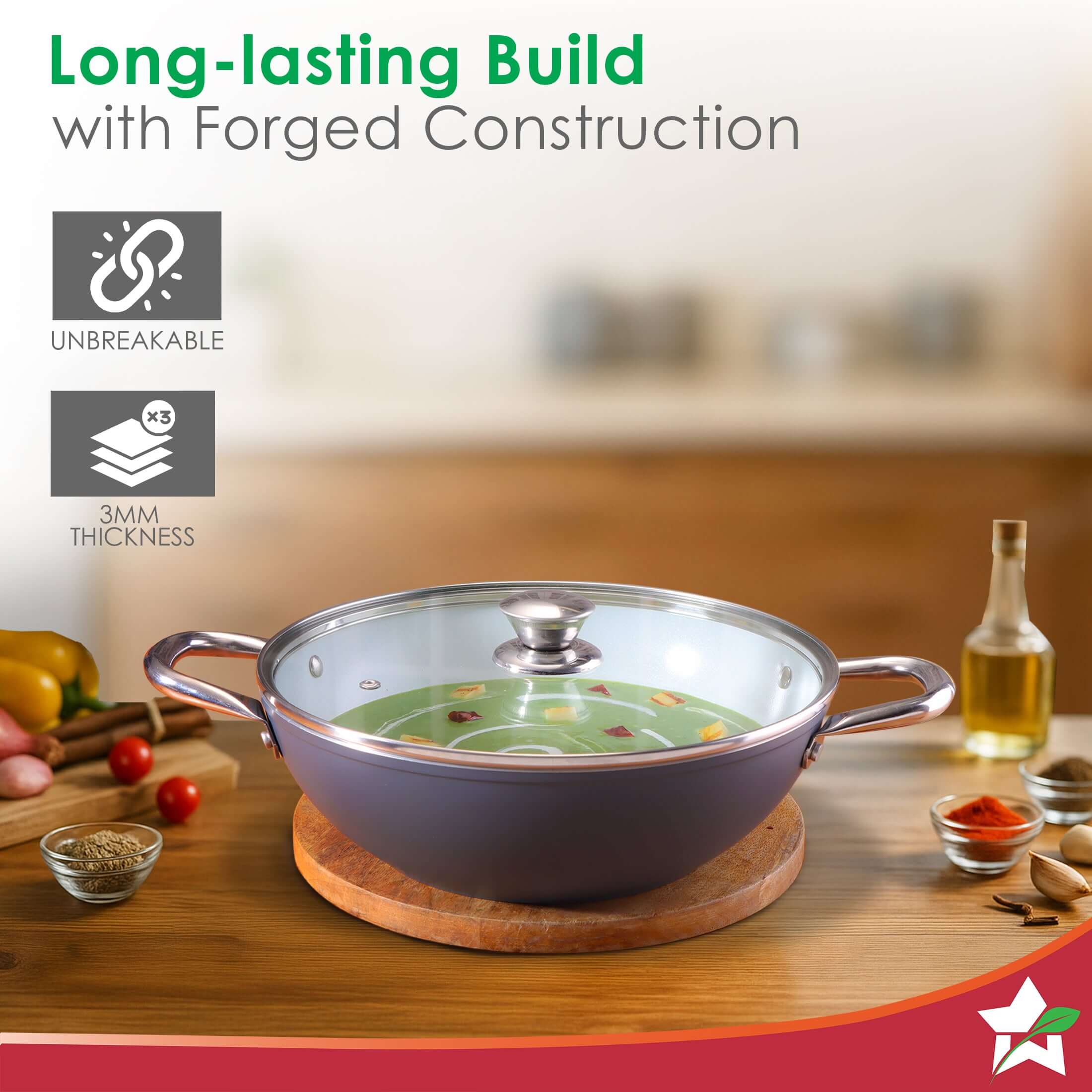 Eco-Glide Ceramic Kadhai 28cm with Glass Lid, 4.3Litre Non-toxic, Chemical Free, Low Oil Cooking, Scratch-resistant, Stainless-steel Handle, Gas+Induction Compatible, 2-Year Warranty, Grey - Image 7