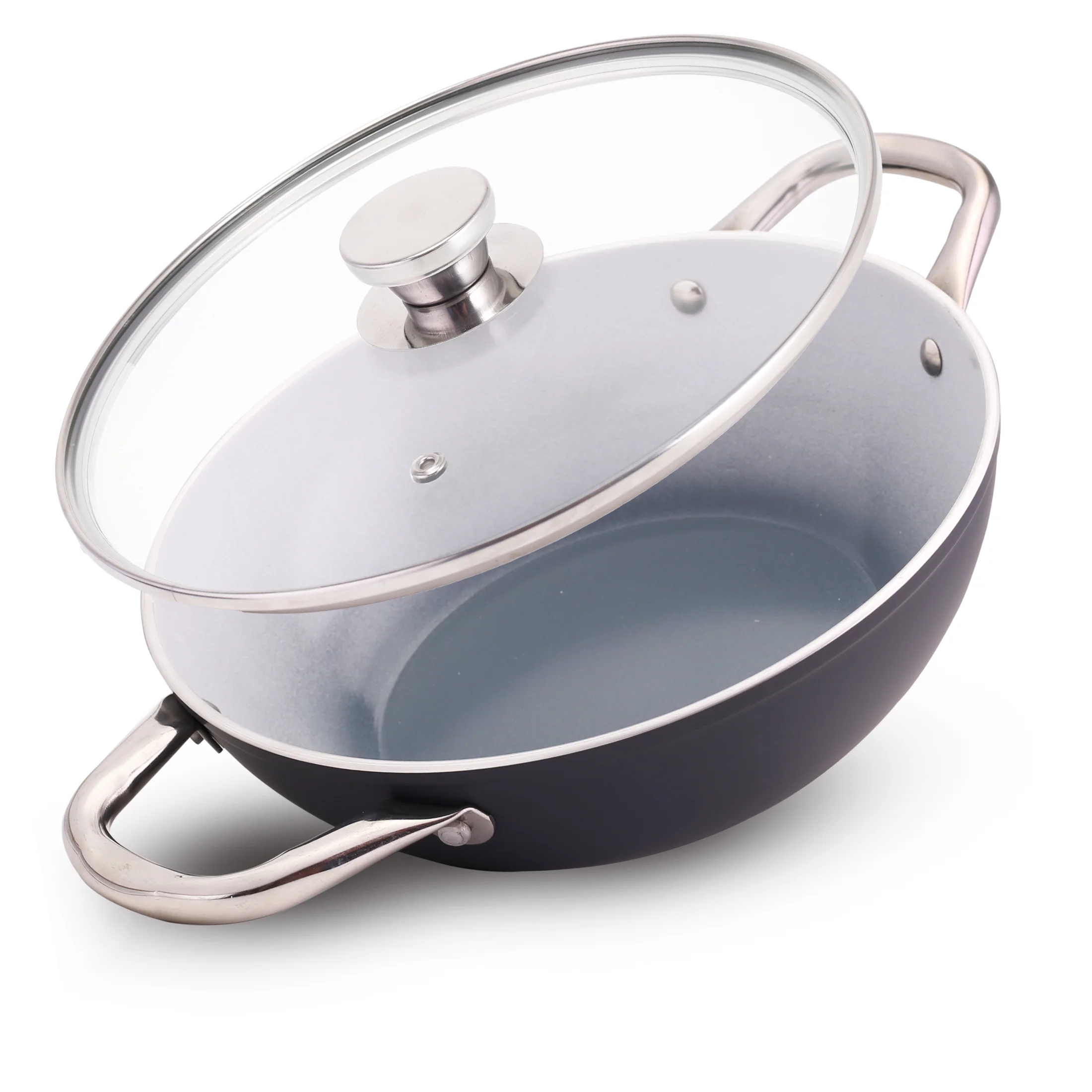 Eco-Glide Ceramic Kadhai 28cm with Glass Lid, 4.3Litre Non-toxic, Chemical Free, Low Oil Cooking, Scratch-resistant, Stainless-steel Handle, Gas+Induction Compatible, 2-Year Warranty, Grey - Image 9