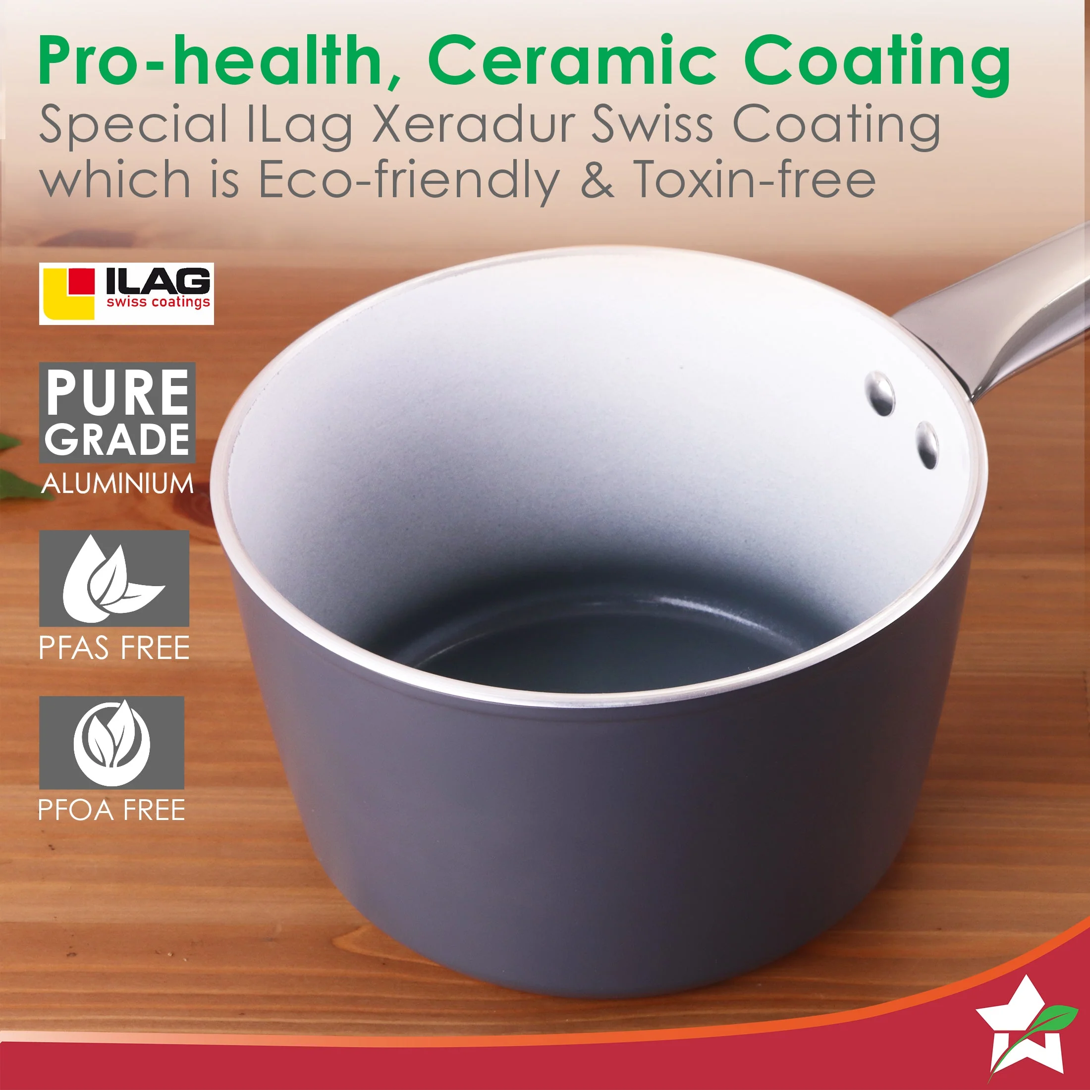 Eco-Glide Ceramic Saucepan 16cm, Non-Toxic, Chemical & PFOA Free, 1.75L capacity, Low Oil Cooking, Scratch-resistant, Stainless-steel Handle, Gas & Induction Compatible, 2-Yr Warranty, Grey - Image 3