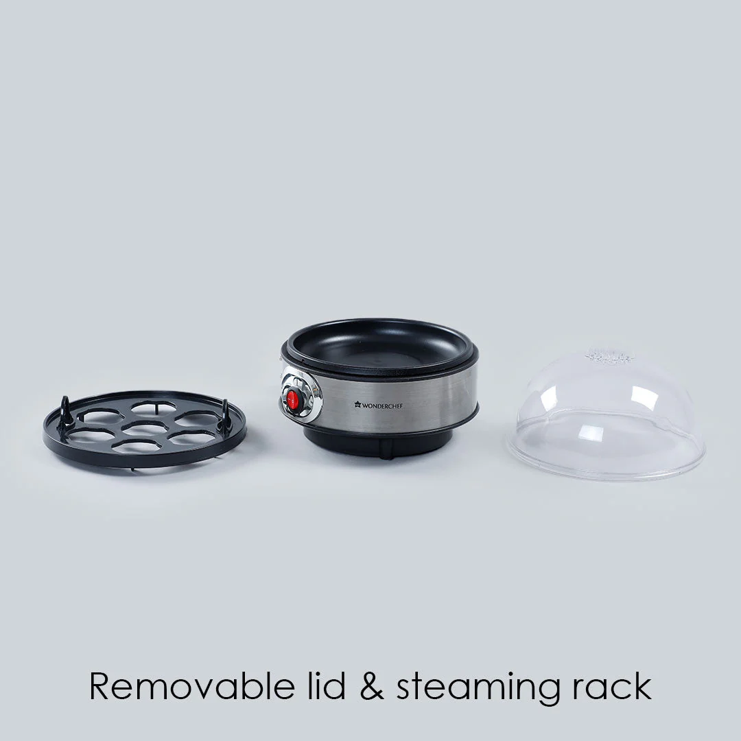 Instant Electric Egg Boiler with 7 Egg Poachers|3 Boiling Modes, Soft, Medium, Hard| Auto Shut Off Technology| Non-stick Egg Rack, Transparent Lid, Stainless Steel Body & Heating Plate, Steamer Rack| Alarm| Easy & Quick Operation| Black| 2 Year Warranty - Image 7