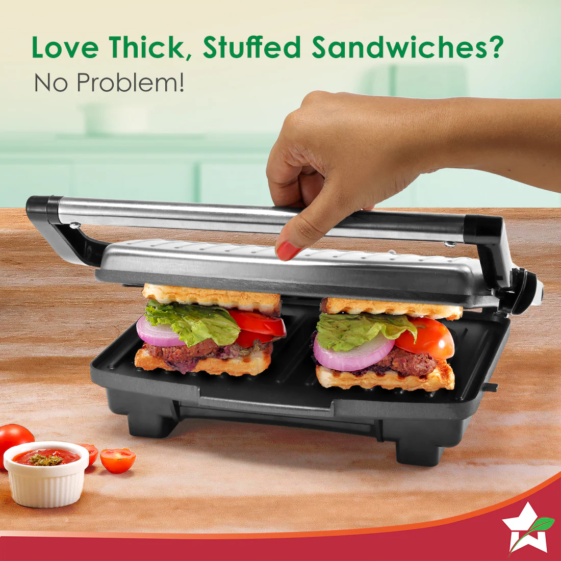 Essenza Contact Grill | 400W | For Thick Sandwiches, Burgers, Patties | Dual-side Heating | Non-stick Grill Plates | Oil Collector Tray | LED Indicator | Compact Design | 1-Year Warranty - Image 4