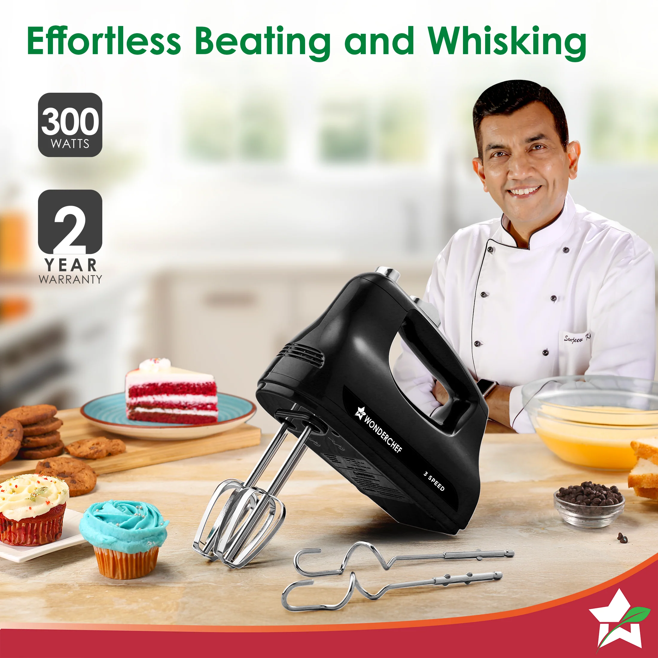 Essenza Hand Mixer | 3 Variable Speed Settings | 300W | For Beating, Whisking, Whipping, Kneading | Stainless-steel Beater and Kneader Attachments | Low Noise | Black | 2-Year Warranty - Image 2