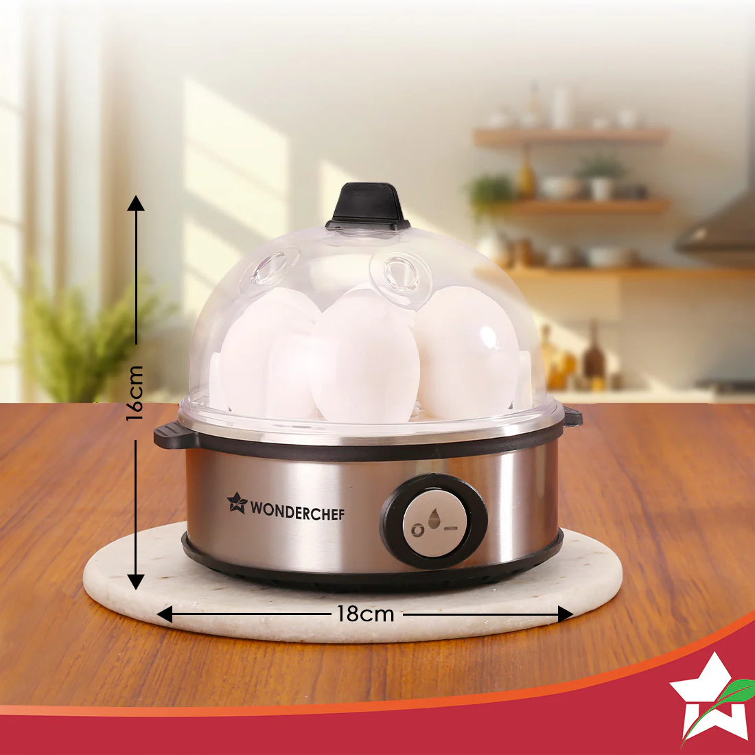 Essenza Instant Egg Boiler | 7 Poachers | 350 W | Stainless Steel Cool-touch Body | Auto Shut-off | Steaming Rack, Measuring Cup with Piercing Pin, Glass Lid with Steam Vent | 2-Year Warranty - Image 3
