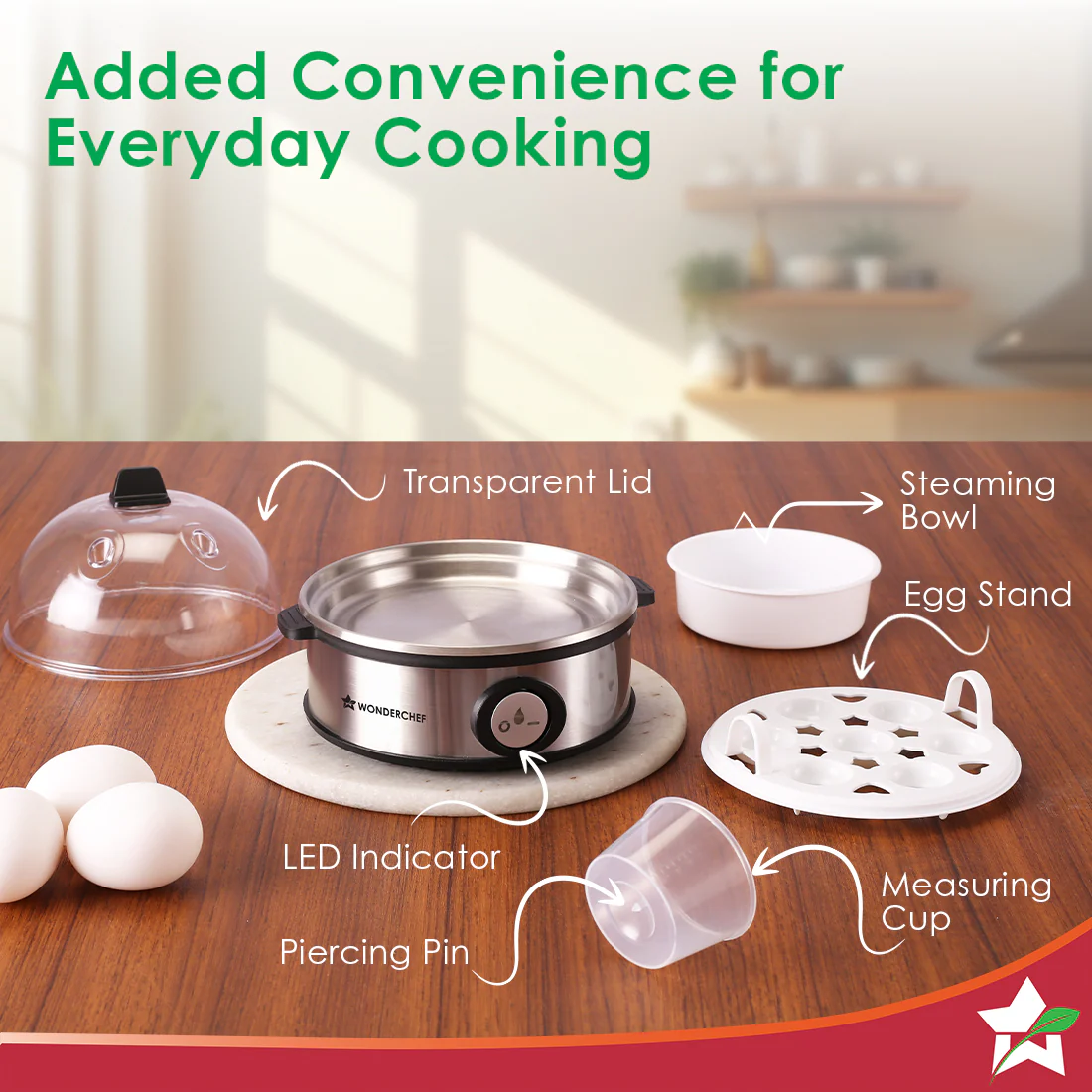 Essenza Instant Egg Boiler | 7 Poachers | 350 W | Stainless Steel Cool-touch Body | Auto Shut-off | Steaming Rack, Measuring Cup with Piercing Pin, Glass Lid with Steam Vent | 2-Year Warranty - Image 5