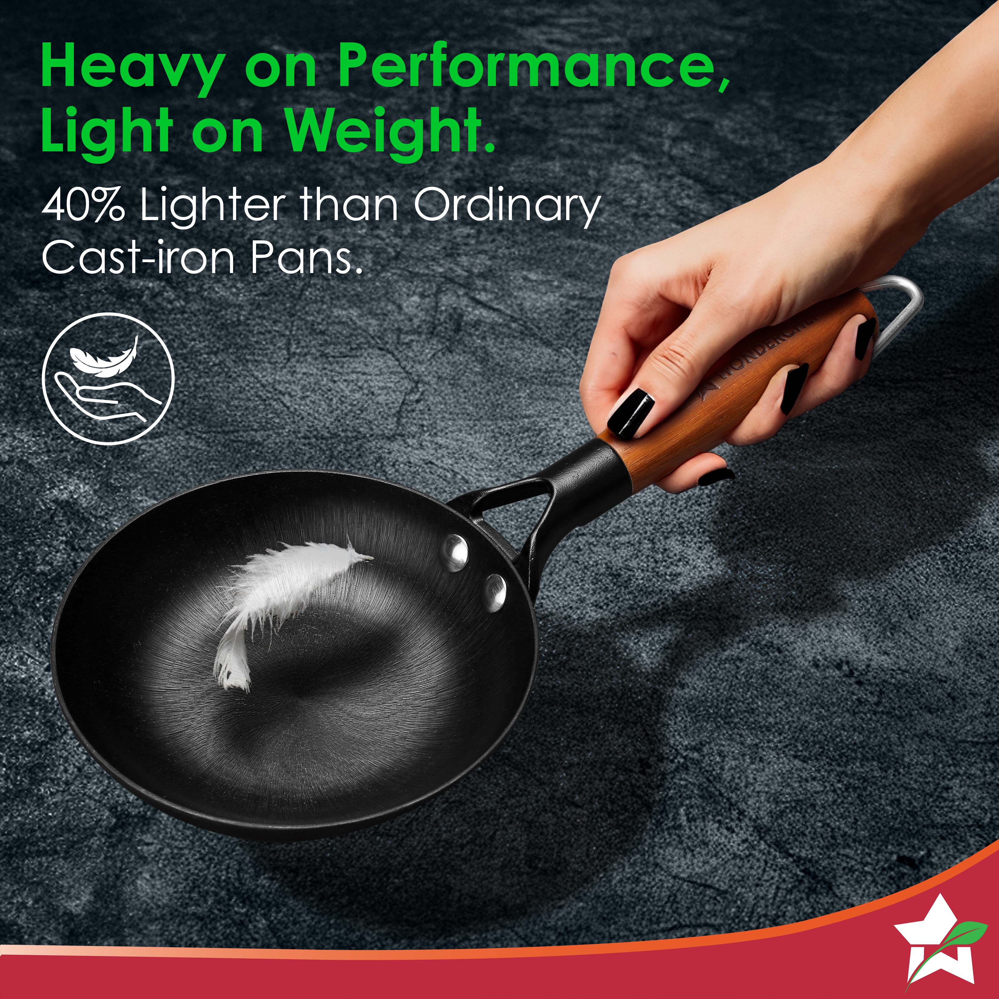 Pre-Seasoned Ferro Light 20cm Cast Iron Fry Pan | 800 ml | Acacia Wooden Handles | Gravity Moulding Technology | No Chemical Coating | 10 Year Warranty - Image 3