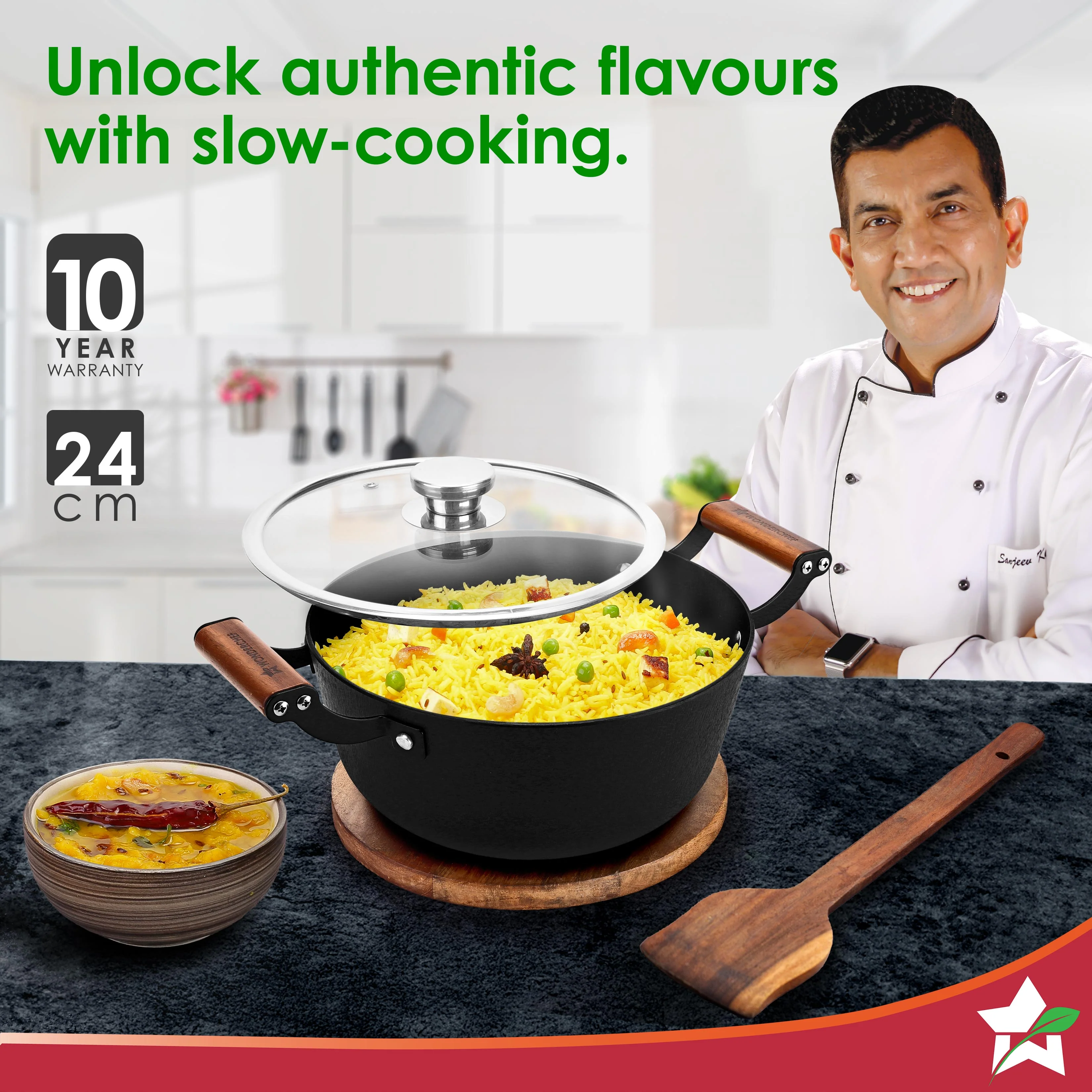 Ferro Light-weight Cast-iron Casserole & Glass Lid, 24cm, 40% Lighter, Pre-seasoned with 100% Vegetable Oil, Chemical-free, Induction-friendly, Long Cool-touch Wood Handles, 10-Yr Warranty - Image 2