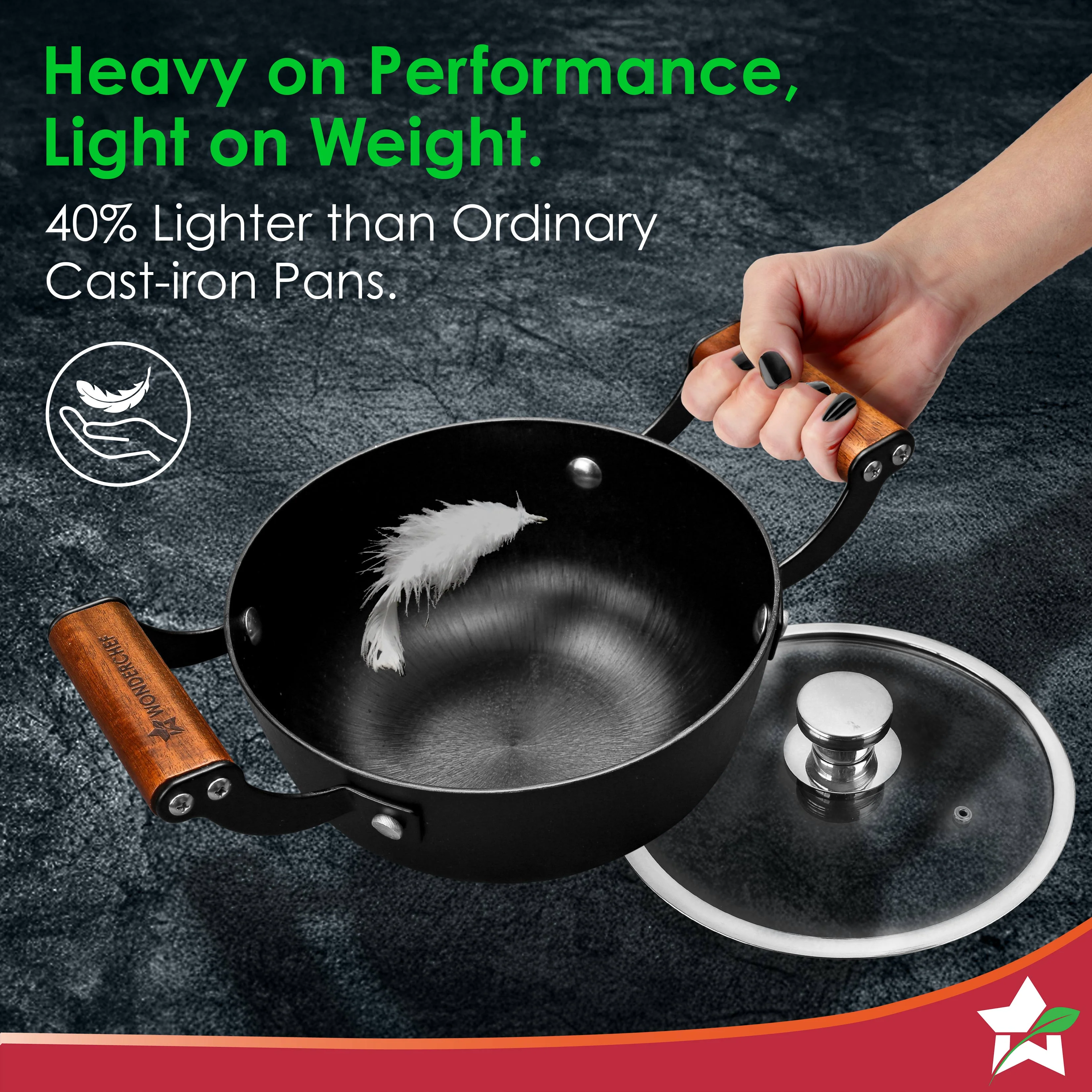 Ferro Light-weight Cast-iron Casserole & Glass Lid, 24cm, 40% Lighter, Pre-seasoned with 100% Vegetable Oil, Chemical-free, Induction-friendly, Long Cool-touch Wood Handles, 10-Yr Warranty - Image 3