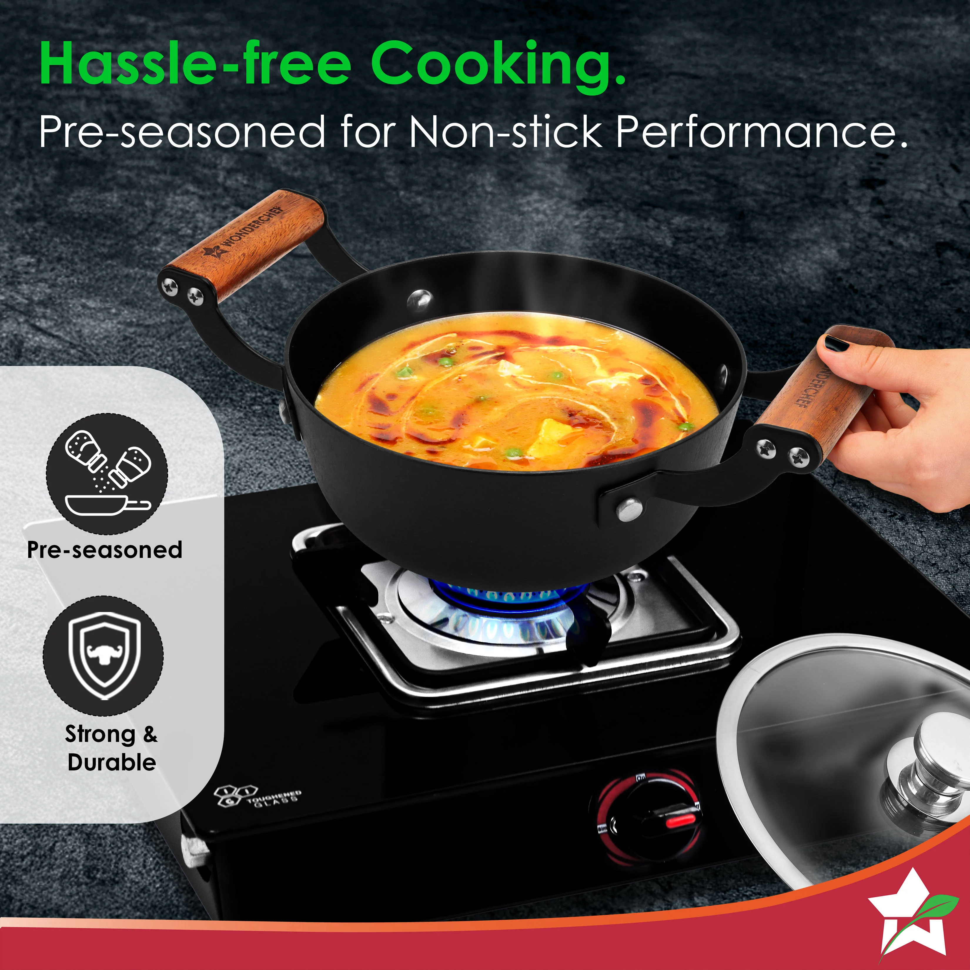 Ferro Light-weight Cast-iron Casserole & Glass Lid, 24cm, 40% Lighter, Pre-seasoned with 100% Vegetable Oil, Chemical-free, Induction-friendly, Long Cool-touch Wood Handles, 10-Yr Warranty - Image 5