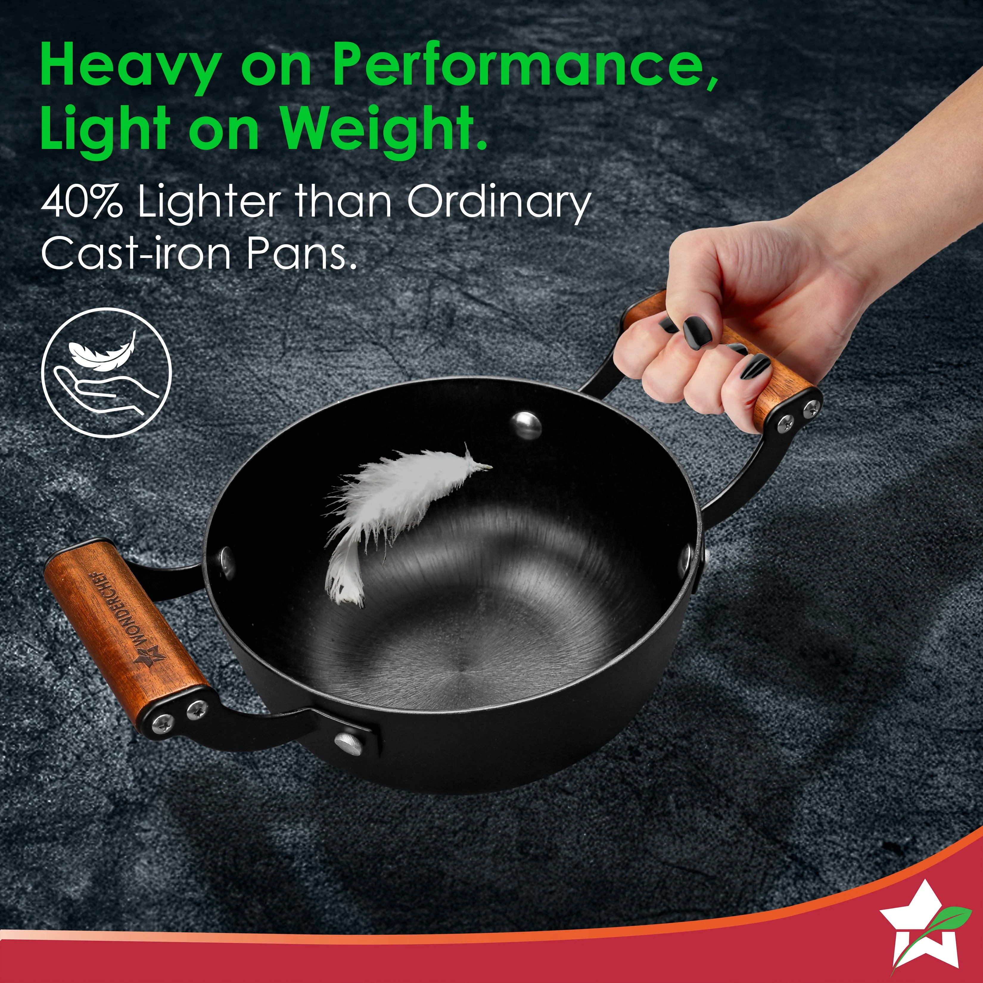 Ferro Light-weight Cast-iron Deep Kadhai, 18cm, 40% Lighter, Pre-seasoned with 100% Vegetable Oil, Non-toxic, Chemical-free, Induction-friendly, Long Cool-touch Wood Handles, 10-Yr Warranty - Image 3