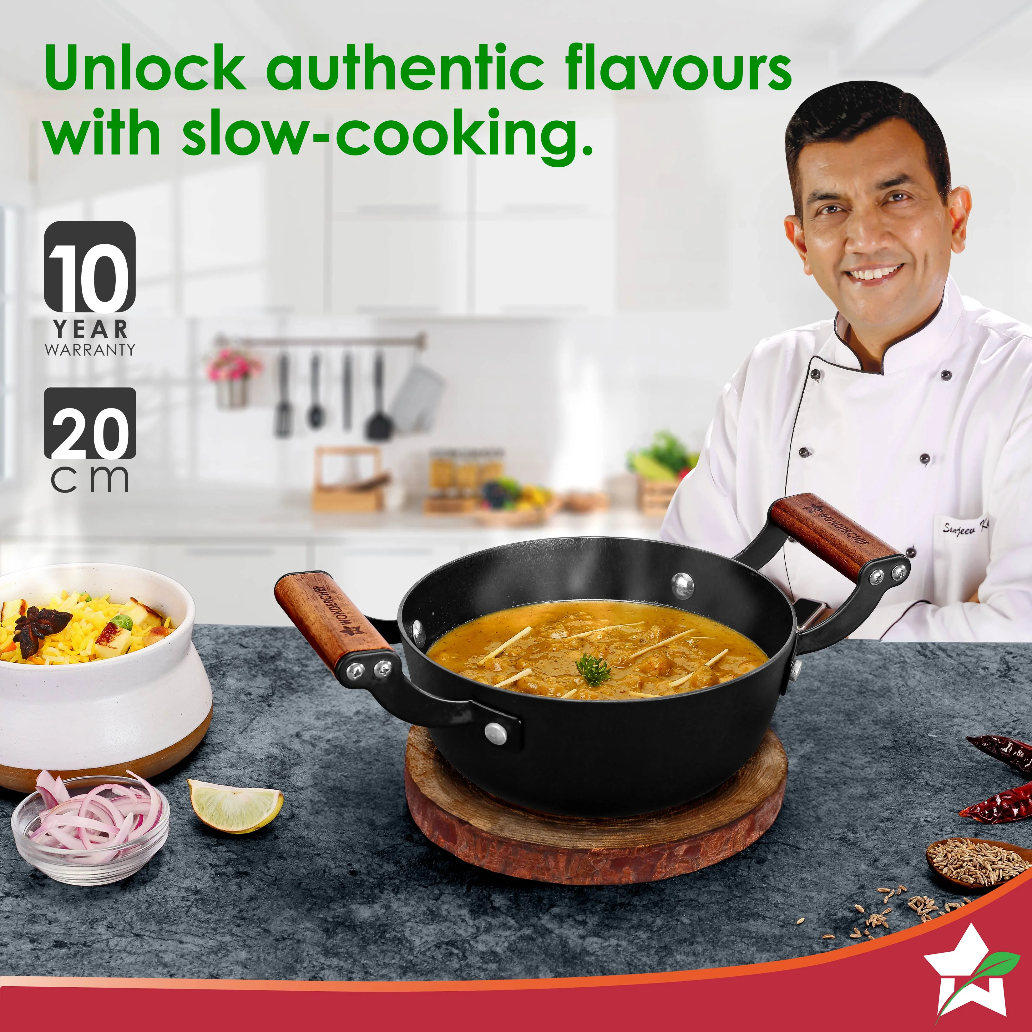Ferro Light-weight Cast-iron Deep Kadhai, 20cm, 40% Lighter, Pre-seasoned with 100% Vegetable Oil, Non-toxic, Chemical-free, Induction-friendly, Long Cool-touch Wood Handles, 10-Yr Warranty - Image 2