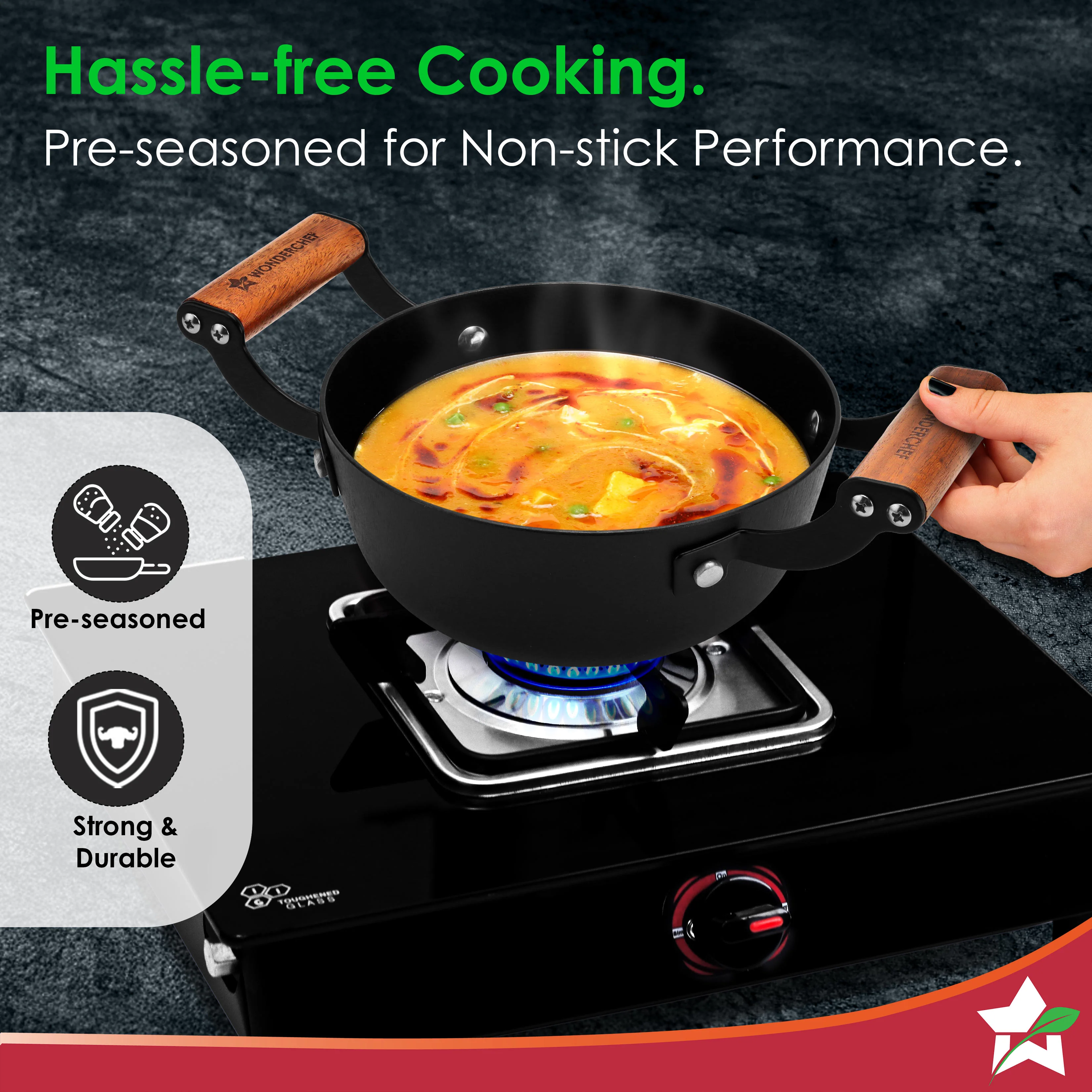 Ferro Light-weight Cast-iron Deep Kadhai, 20cm, 40% Lighter, Pre-seasoned with 100% Vegetable Oil, Non-toxic, Chemical-free, Induction-friendly, Long Cool-touch Wood Handles, 10-Yr Warranty - Image 5