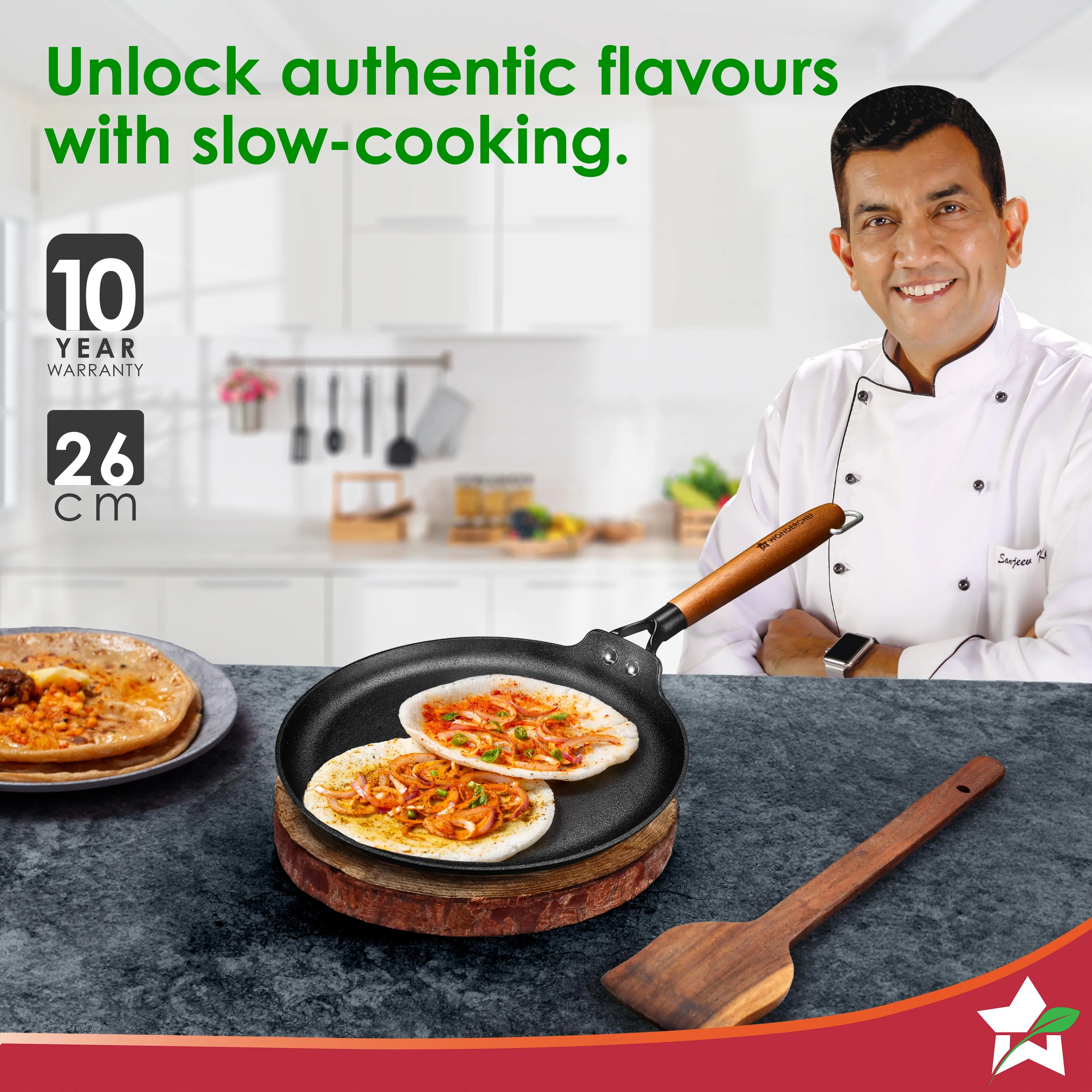 Ferro Light-weight Cast-iron Dosa Tawa, 26cm, 40% Lighter, Pre-seasoned with 100% Vegetable Oil, Non-toxic, Chemical-free, Induction-friendly, Long Cool-touch Wood Handles, 10-Yr Warranty - Image 2