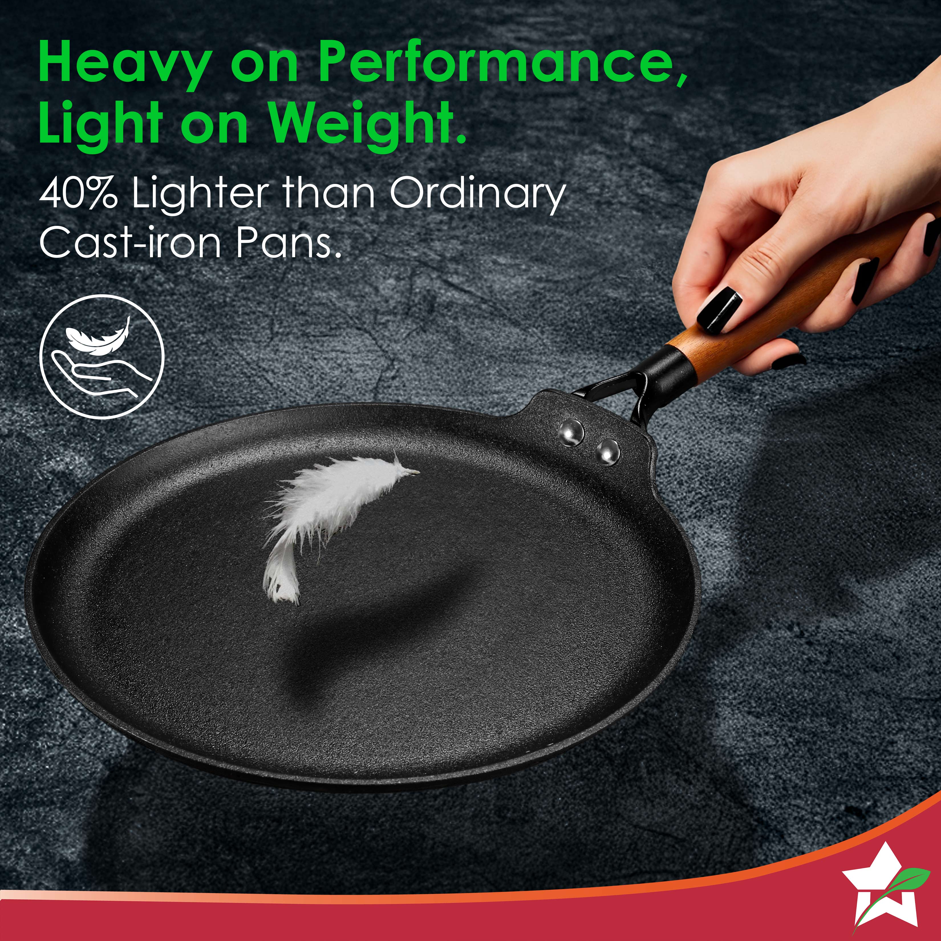 Ferro Light-weight Cast-iron Dosa Tawa, 26cm, 40% Lighter, Pre-seasoned with 100% Vegetable Oil, Non-toxic, Chemical-free, Induction-friendly, Long Cool-touch Wood Handles, 10-Yr Warranty - Image 3