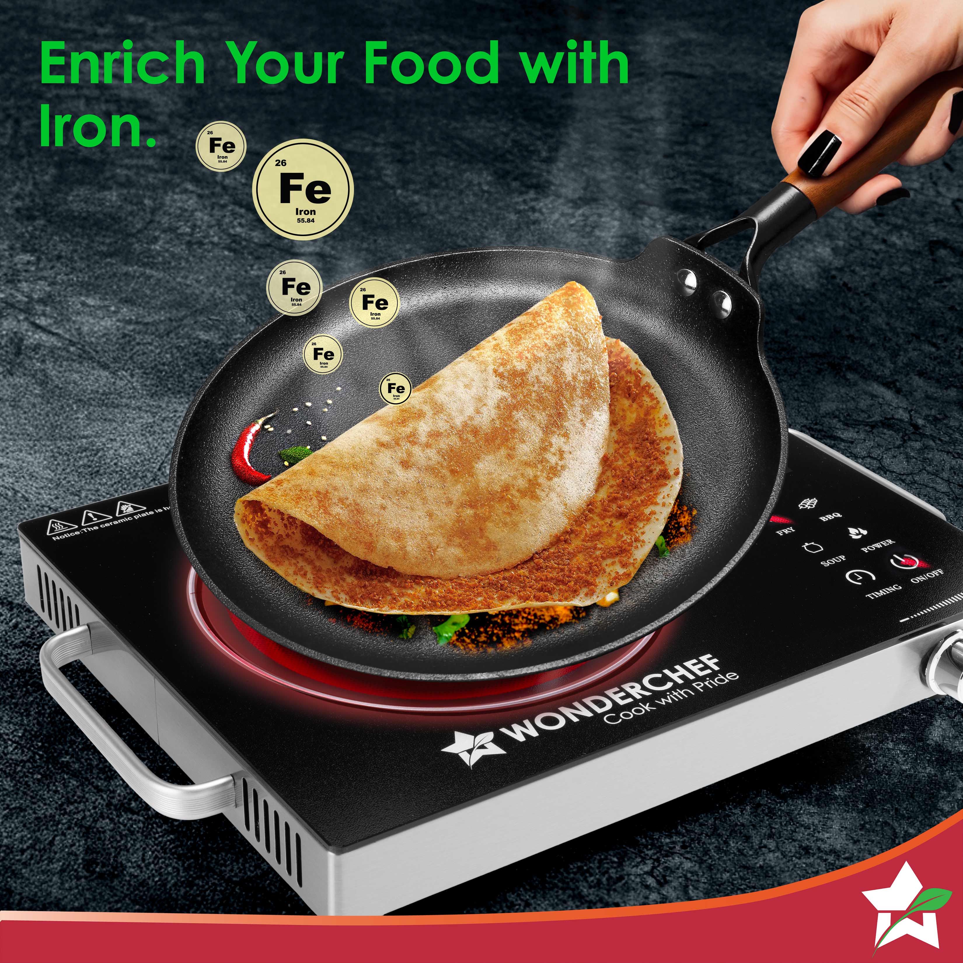 Ferro Light-weight Cast-iron Dosa Tawa, 26cm, 40% Lighter, Pre-seasoned with 100% Vegetable Oil, Non-toxic, Chemical-free, Induction-friendly, Long Cool-touch Wood Handles, 10-Yr Warranty - Image 4