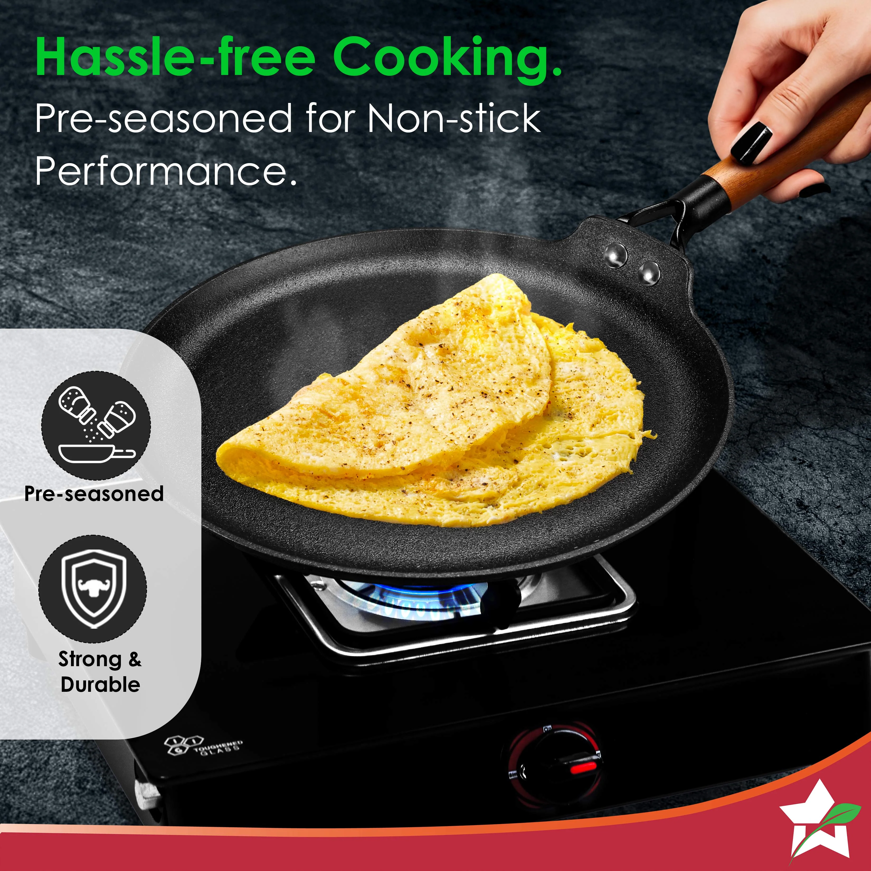 Ferro Light-weight Cast-iron Dosa Tawa, 26cm, 40% Lighter, Pre-seasoned with 100% Vegetable Oil, Non-toxic, Chemical-free, Induction-friendly, Long Cool-touch Wood Handles, 10-Yr Warranty - Image 5