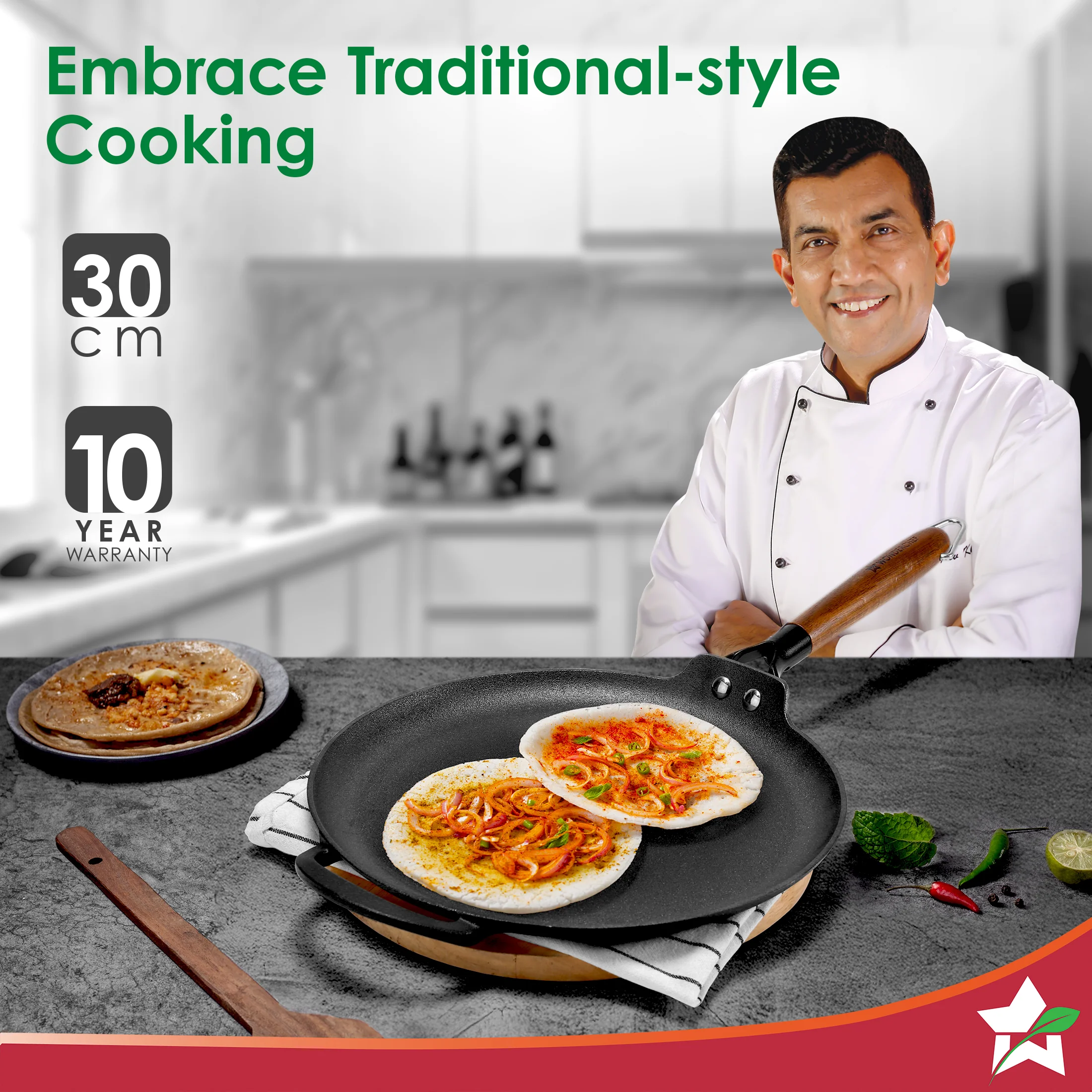 Ferro Light-weight Cast-iron Dosa Tawa | 30cm | Pre-seasoned with 100% Vegetable Oil | 40% Lighter than Regular Cast-iron Cookware | Cool-touch Real Acacia Wood Handles | 10-Year Warranty - Image 2