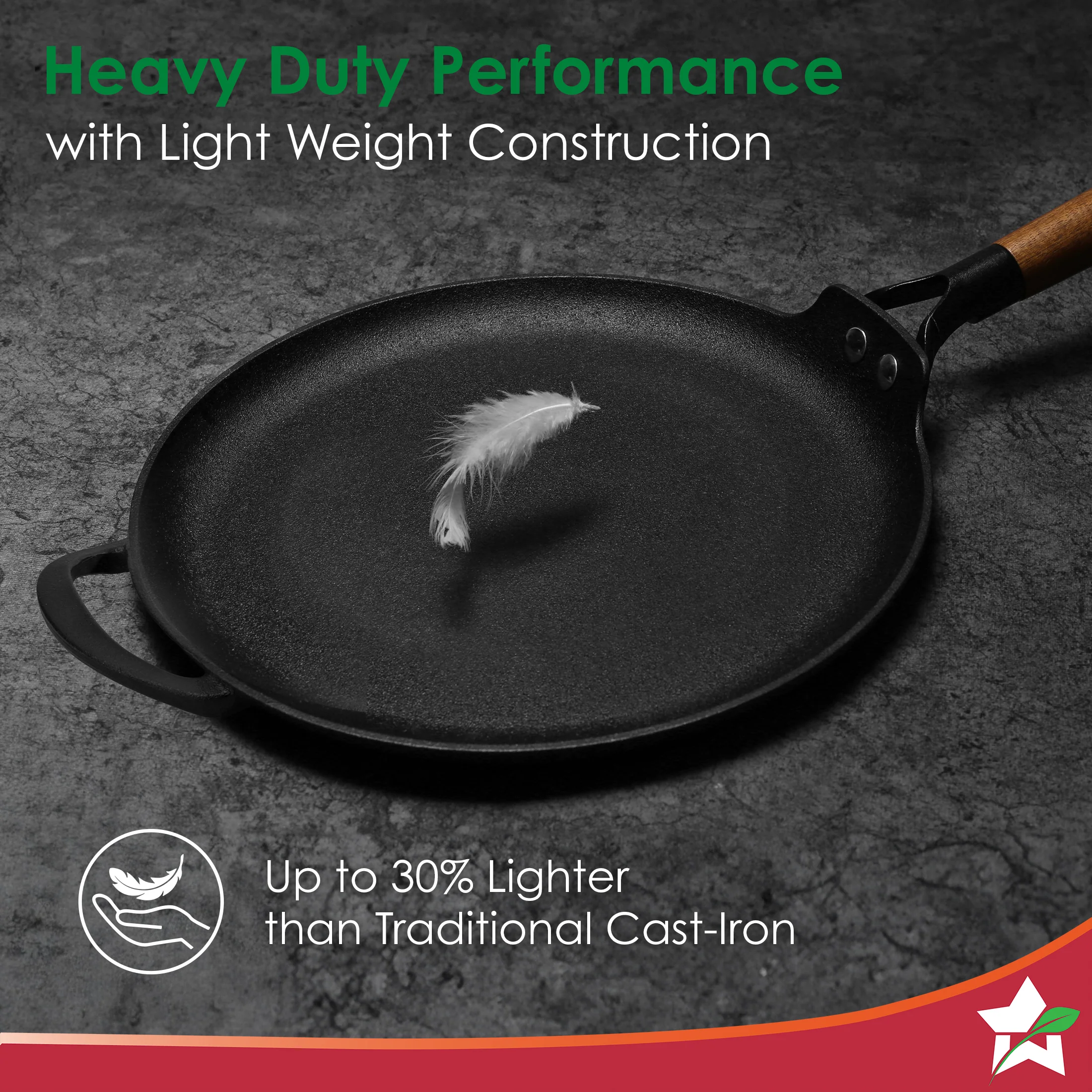Ferro Light-weight Cast-iron Dosa Tawa | 30cm | Pre-seasoned with 100% Vegetable Oil | 40% Lighter than Regular Cast-iron Cookware | Cool-touch Real Acacia Wood Handles | 10-Year Warranty - Image 3