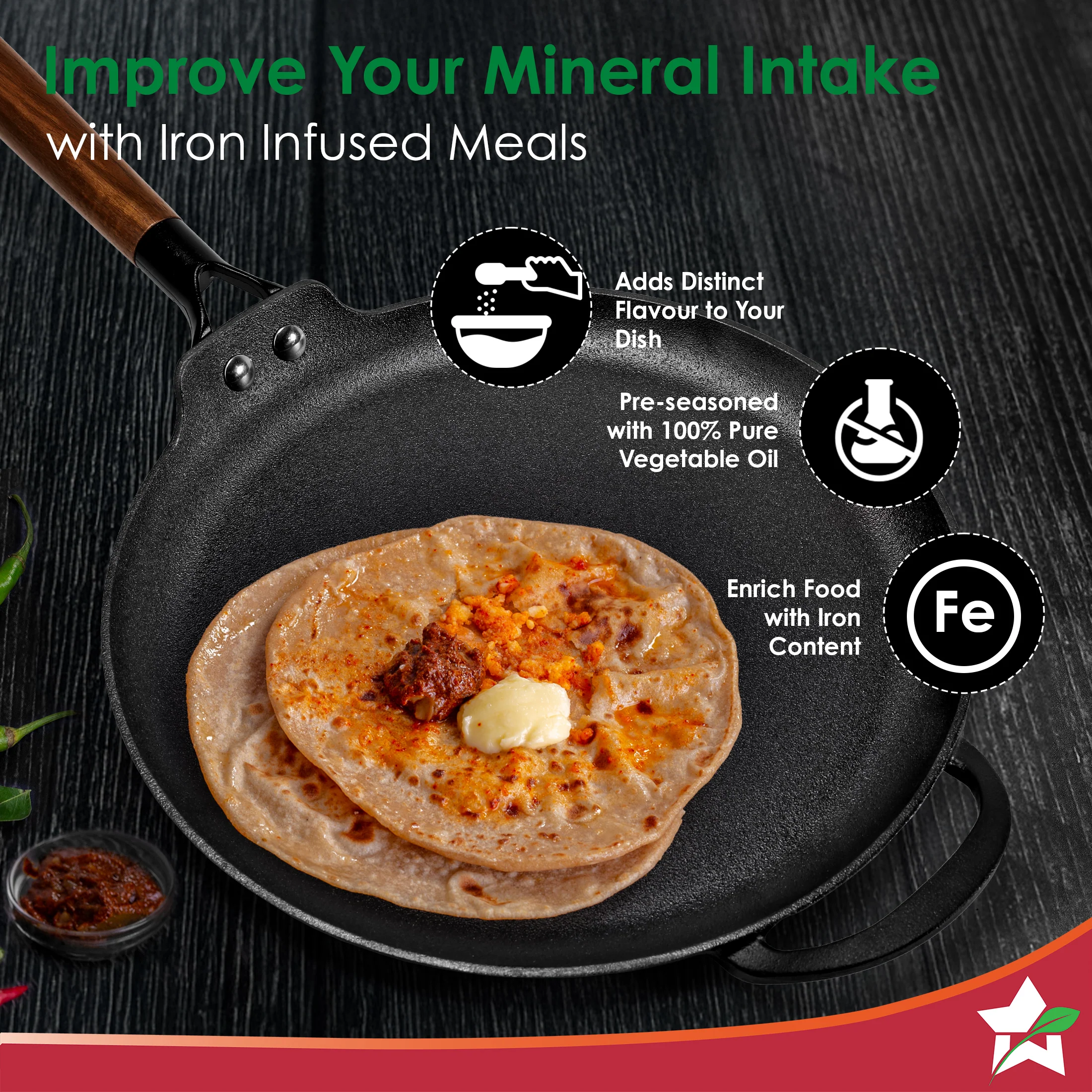 Ferro Light-weight Cast-iron Dosa Tawa | 30cm | Pre-seasoned with 100% Vegetable Oil | 40% Lighter than Regular Cast-iron Cookware | Cool-touch Real Acacia Wood Handles | 10-Year Warranty - Image 4
