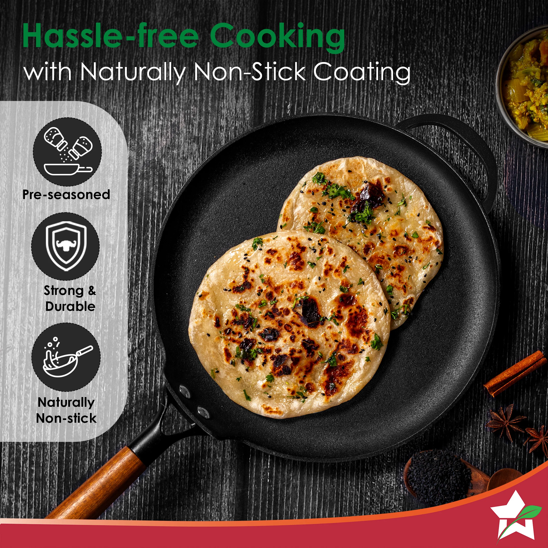 Ferro Light-weight Cast-iron Dosa Tawa | 30cm | Pre-seasoned with 100% Vegetable Oil | 40% Lighter than Regular Cast-iron Cookware | Cool-touch Real Acacia Wood Handles | 10-Year Warranty - Image 5
