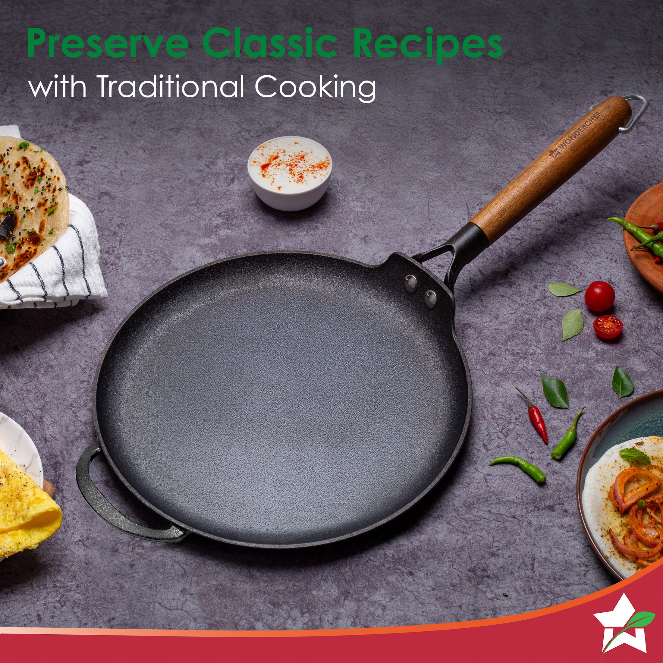 Ferro Light-weight Cast-iron Dosa Tawa | 30cm | Pre-seasoned with 100% Vegetable Oil | 40% Lighter than Regular Cast-iron Cookware | Cool-touch Real Acacia Wood Handles | 10-Year Warranty - Image 8