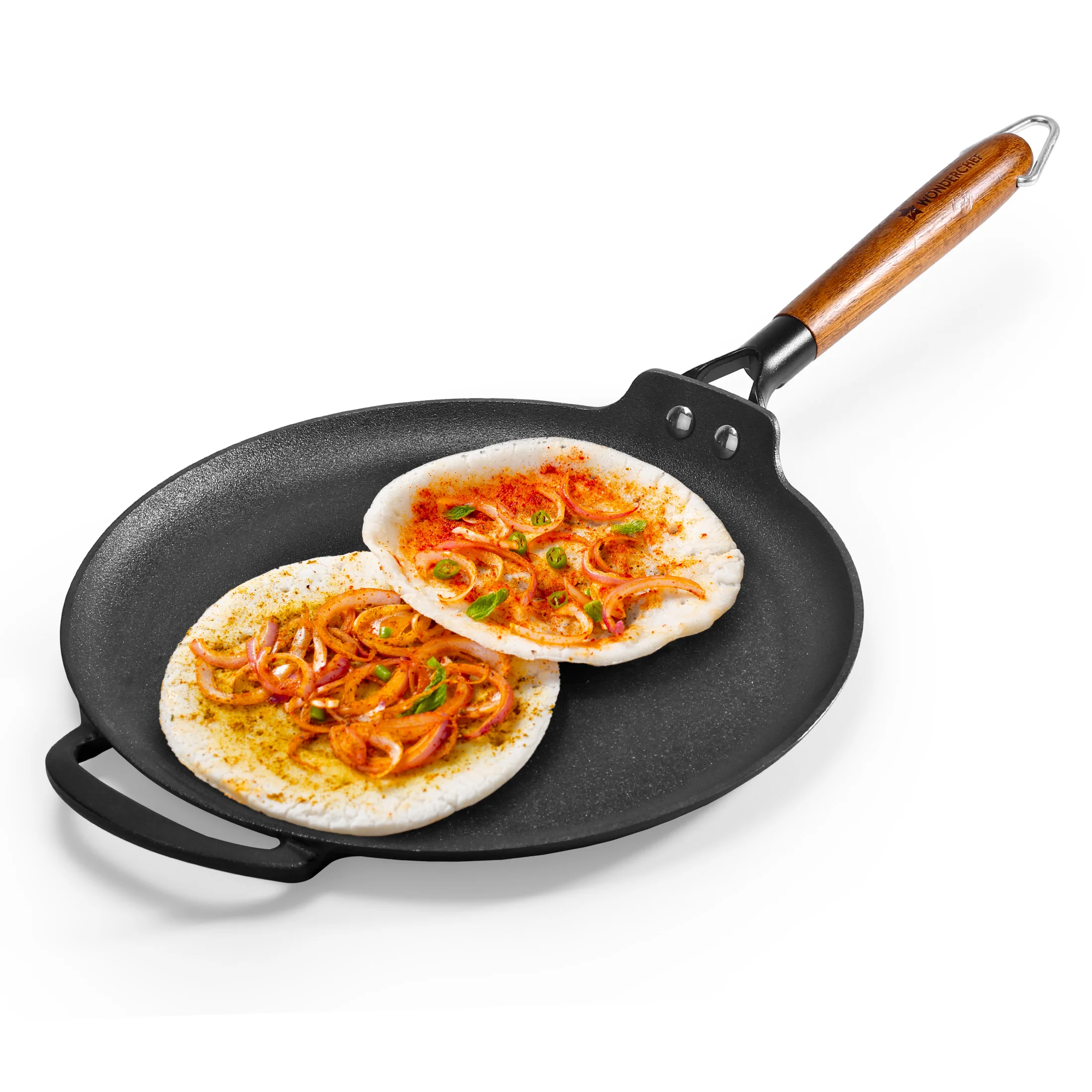 Ferro Light-weight Cast-iron Dosa Tawa | 30cm | Pre-seasoned with 100% Vegetable Oil | 40% Lighter than Regular Cast-iron Cookware | Cool-touch Real Acacia Wood Handles | 10-Year Warranty - Image 9