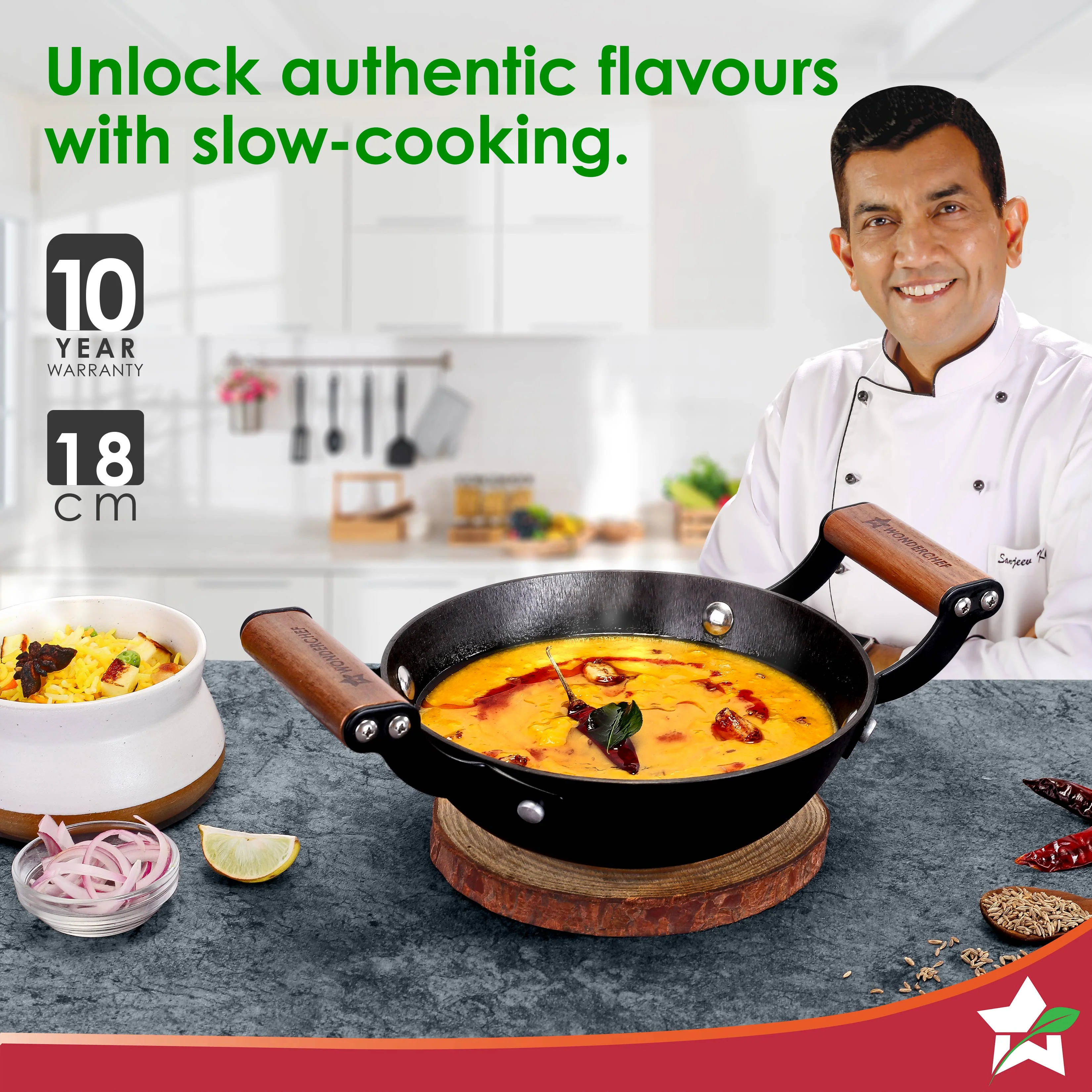 Ferro Light-weight Cast-iron Kadhai, 18cm, 40% Lighter, Pre-seasoned with 100% Vegetable Oil, Non-toxic, Chemical-free, Induction-friendly, Long Cool-touch Wood Handles, 10-Yr Warranty - Image 2