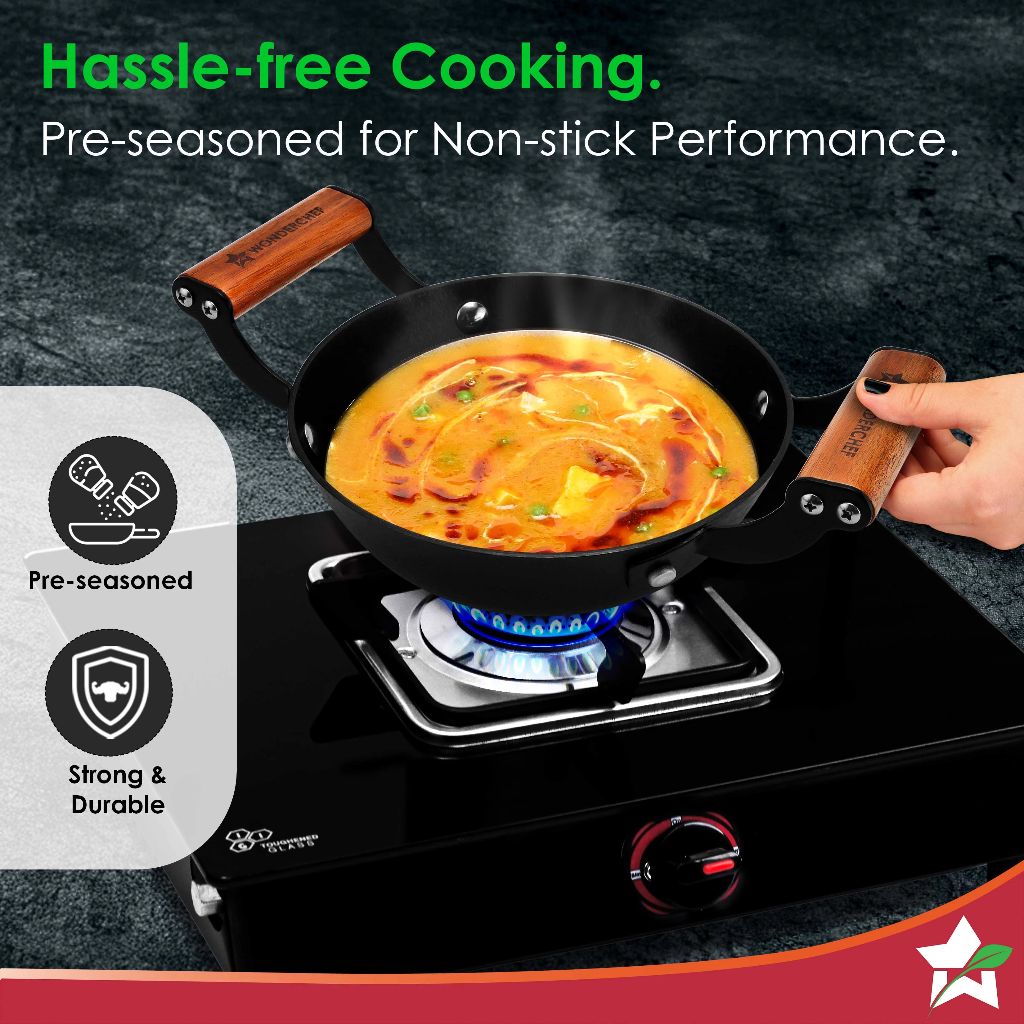 Ferro Light-weight Cast-iron Kadhai, 18cm, 40% Lighter, Pre-seasoned with 100% Vegetable Oil, Non-toxic, Chemical-free, Induction-friendly, Long Cool-touch Wood Handles, 10-Yr Warranty - Image 5