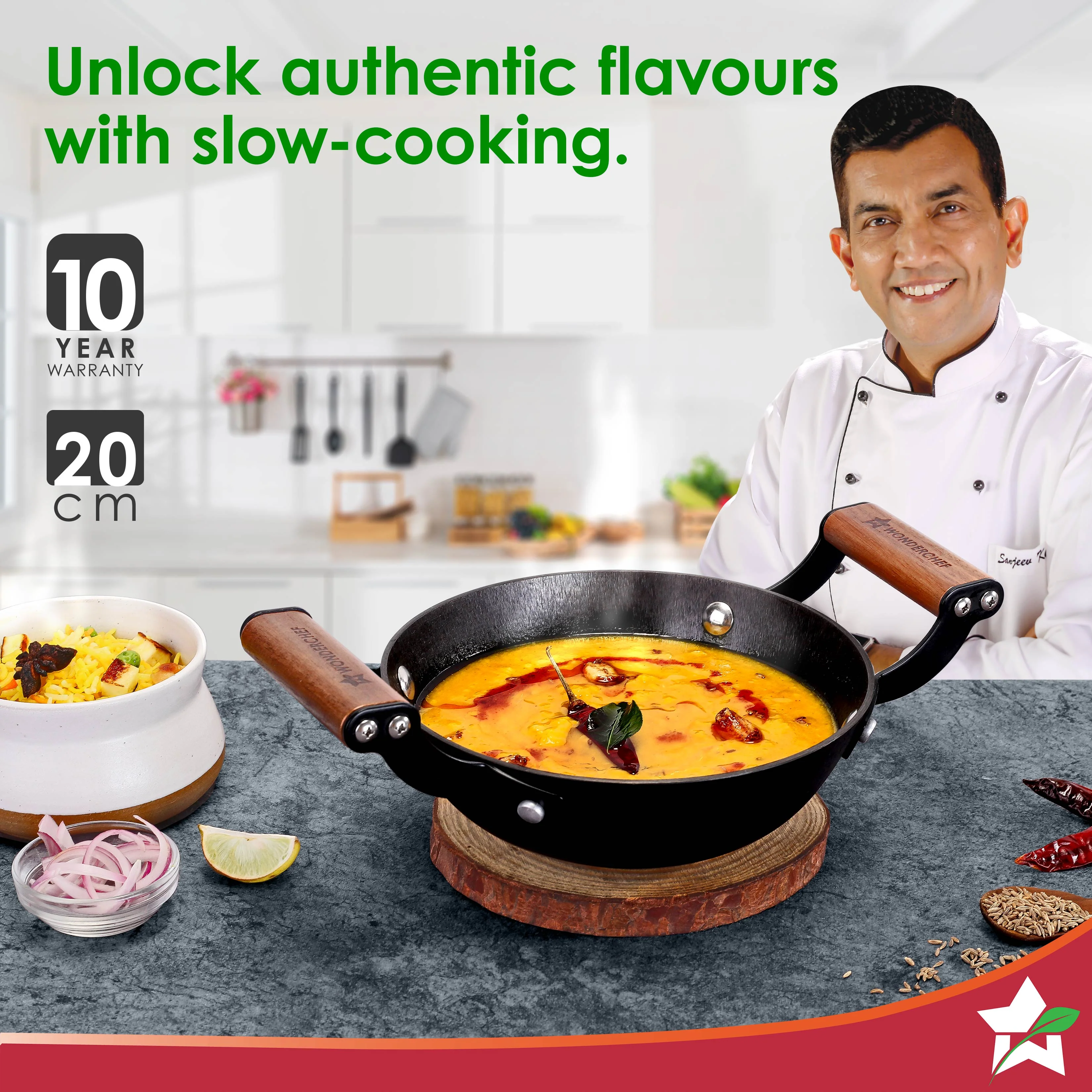 Ferro Light-weight Cast-iron Kadhai | 20cm | Pre-seasoned with 100% Vegetable Oil | 40% Lighter than Regular Cast-iron Cookware | Cool-touch Real Acacia Wood Handles | 10-Year Warranty - Image 2
