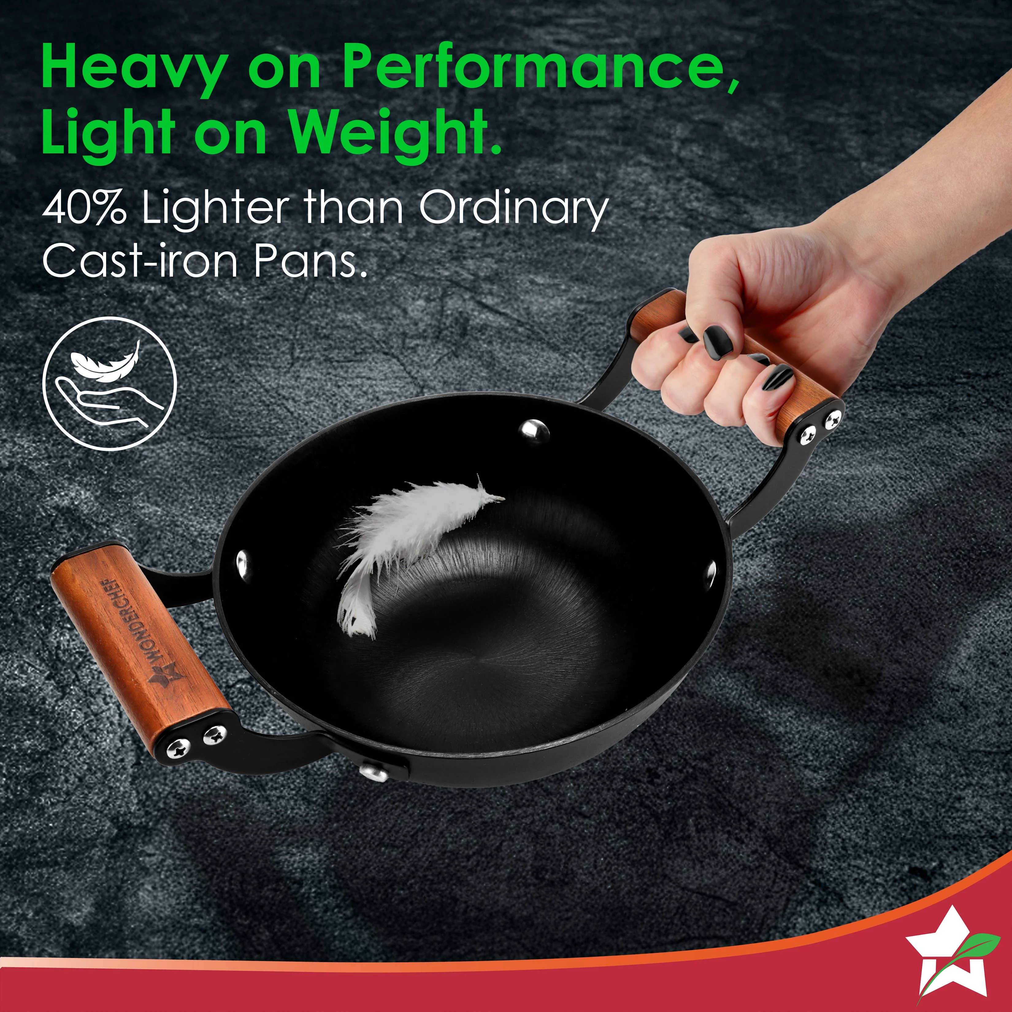 Ferro Light-weight Cast-iron Kadhai | 20cm | Pre-seasoned with 100% Vegetable Oil | 40% Lighter than Regular Cast-iron Cookware | Cool-touch Real Acacia Wood Handles | 10-Year Warranty - Image 3