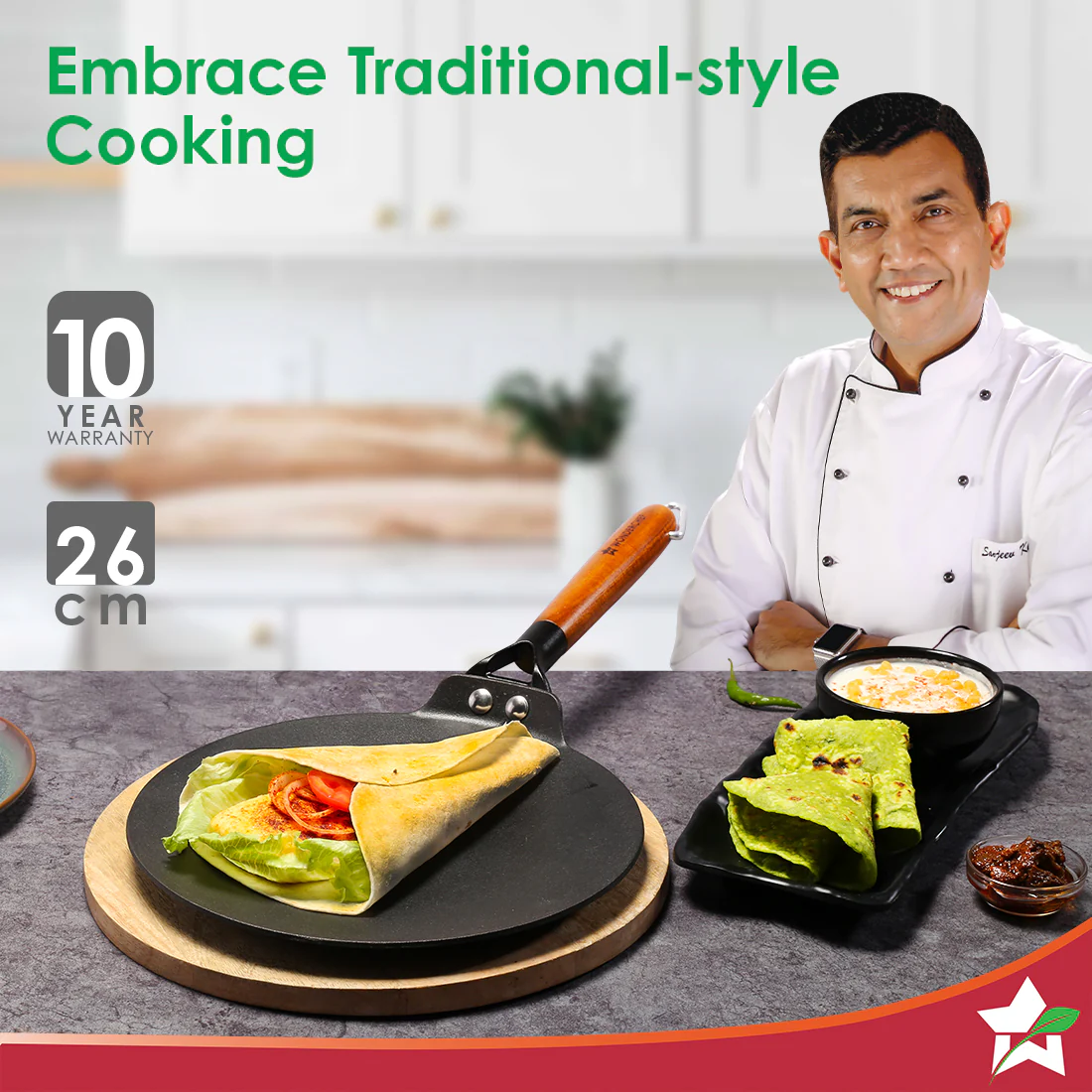 Ferro Light-weight Cast-iron Roti Tawa | 26cm | Pre-seasoned with 100% Vegetable Oil | 40% Lighter than Regular Cast-iron Cookware | Cool-touch Real Acacia Wood Handles | 10-Year Warranty - Image 2