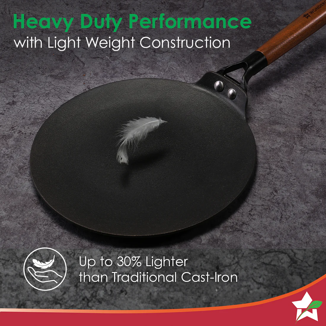 Ferro Light-weight Cast-iron Roti Tawa | 26cm | Pre-seasoned with 100% Vegetable Oil | 40% Lighter than Regular Cast-iron Cookware | Cool-touch Real Acacia Wood Handles | 10-Year Warranty - Image 3