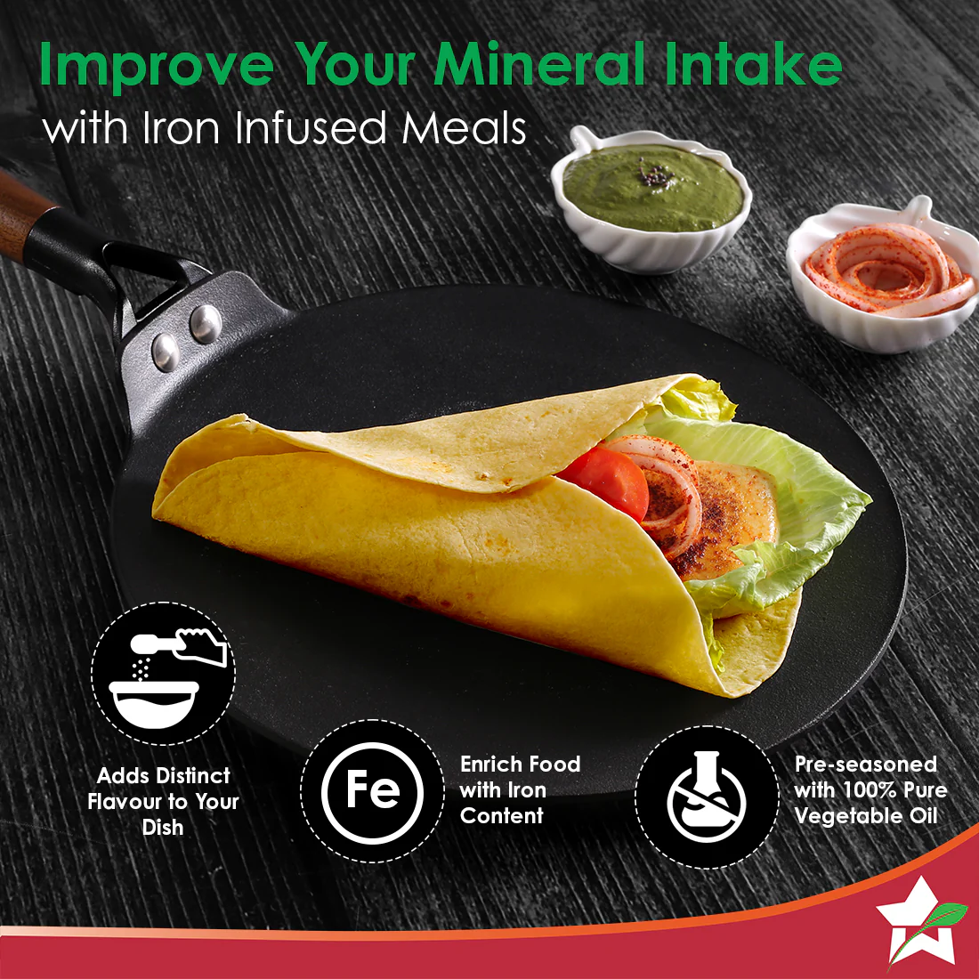 Ferro Light-weight Cast-iron Roti Tawa | 26cm | Pre-seasoned with 100% Vegetable Oil | 40% Lighter than Regular Cast-iron Cookware | Cool-touch Real Acacia Wood Handles | 10-Year Warranty - Image 4