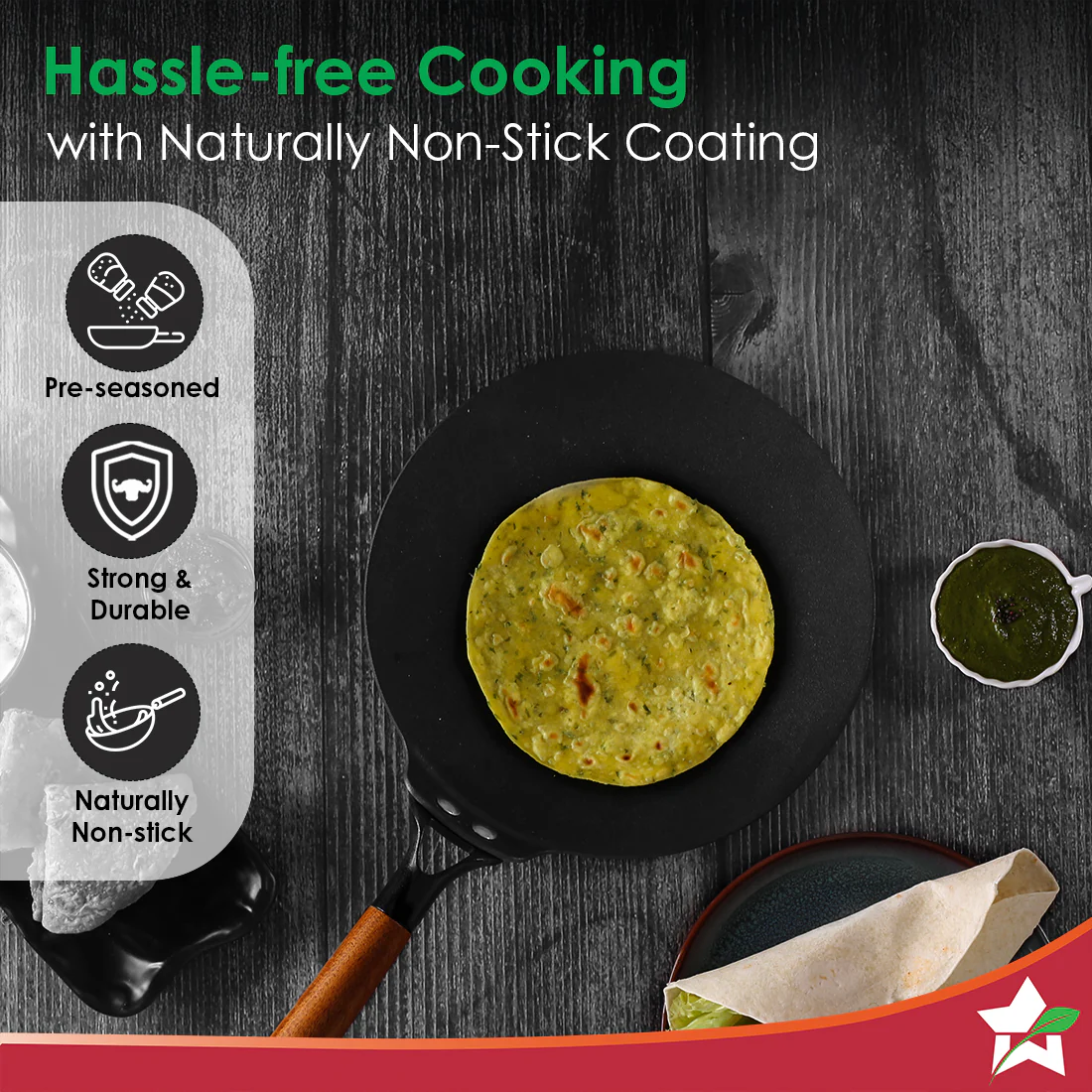 Ferro Light-weight Cast-iron Roti Tawa | 26cm | Pre-seasoned with 100% Vegetable Oil | 40% Lighter than Regular Cast-iron Cookware | Cool-touch Real Acacia Wood Handles | 10-Year Warranty - Image 5