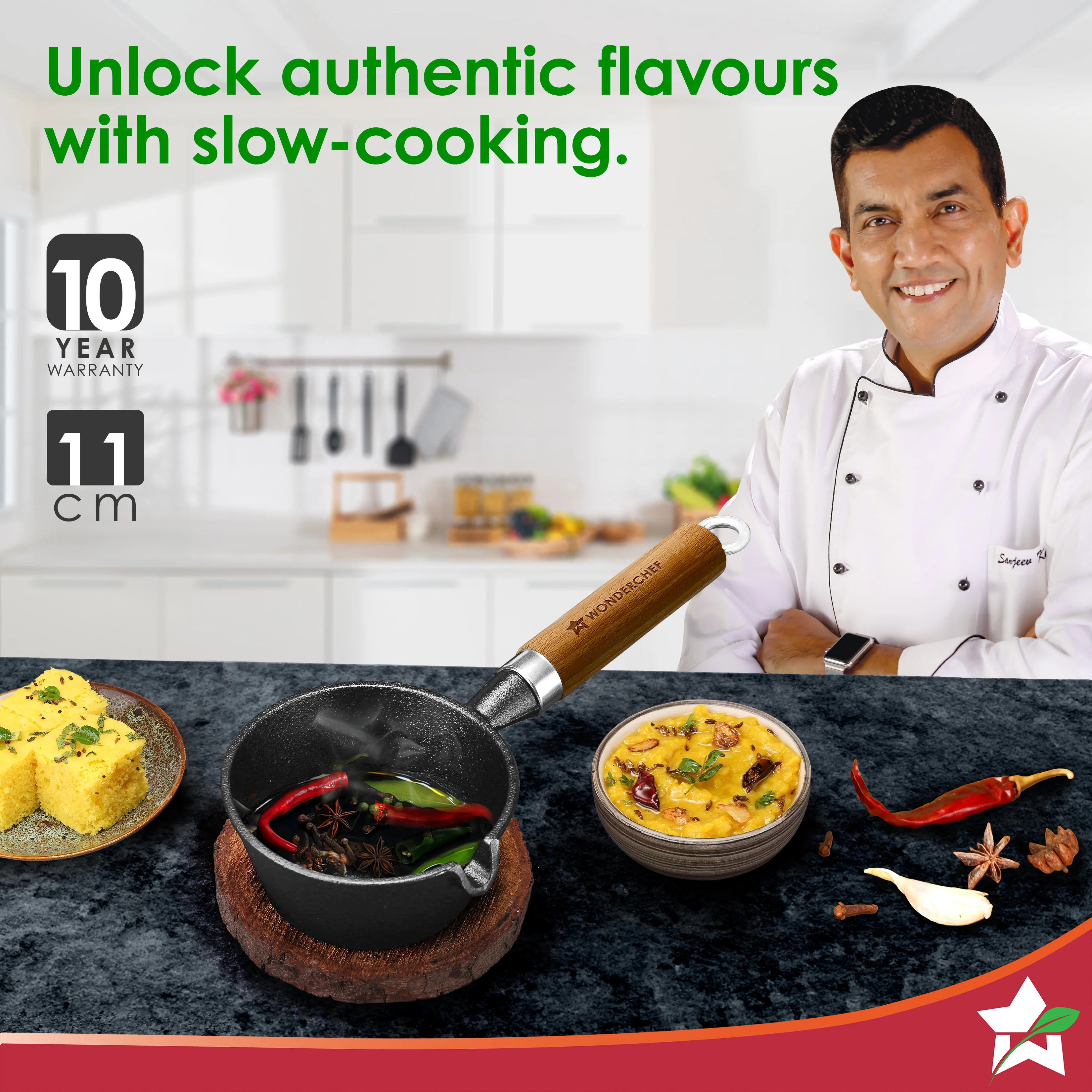 Ferro Light-weight Cast-iron Tadka Pan for Tempering, 40% Lighter, Pre-seasoned with 100% Vegetable Oil, Chemical-free, Induction-friendly, Long Cool-touch Wood Handles, 10-Yr Warranty - Image 2
