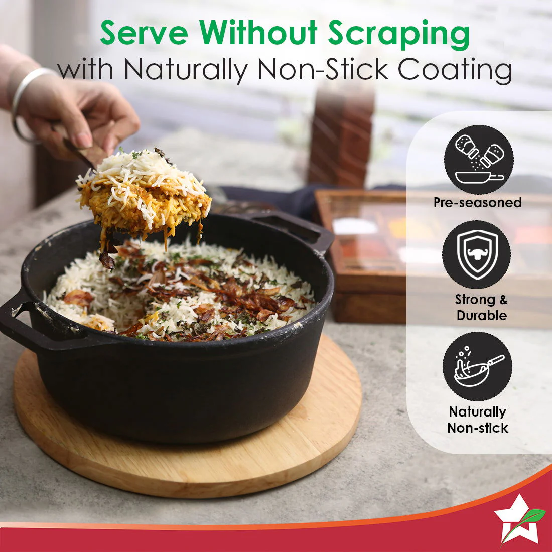 Forza 25 cm Cast-Iron Casserole with Lid | Pre-Seasoned Cookware | Induction Friendly | 4.7 L | 3.8 mm with Lifetime Exchange Warranty - Image 5