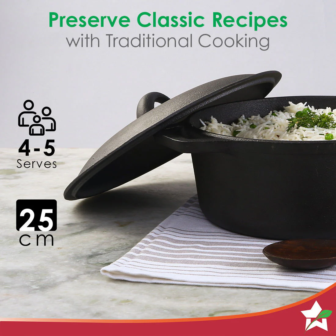 Forza 25 cm Cast-Iron Casserole with Lid | Pre-Seasoned Cookware | Induction Friendly | 4.7 L | 3.8 mm with Lifetime Exchange Warranty - Image 8