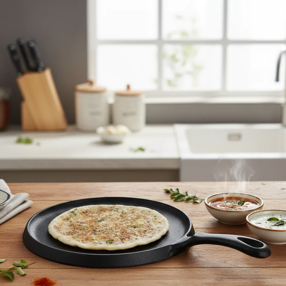 Forza Cast-Iron 25 cm Dosa Tawa Pan | Pre-Seasoned Cookware | Induction Friendly | 3.8 mm| With Lifetime Exchange Warranty