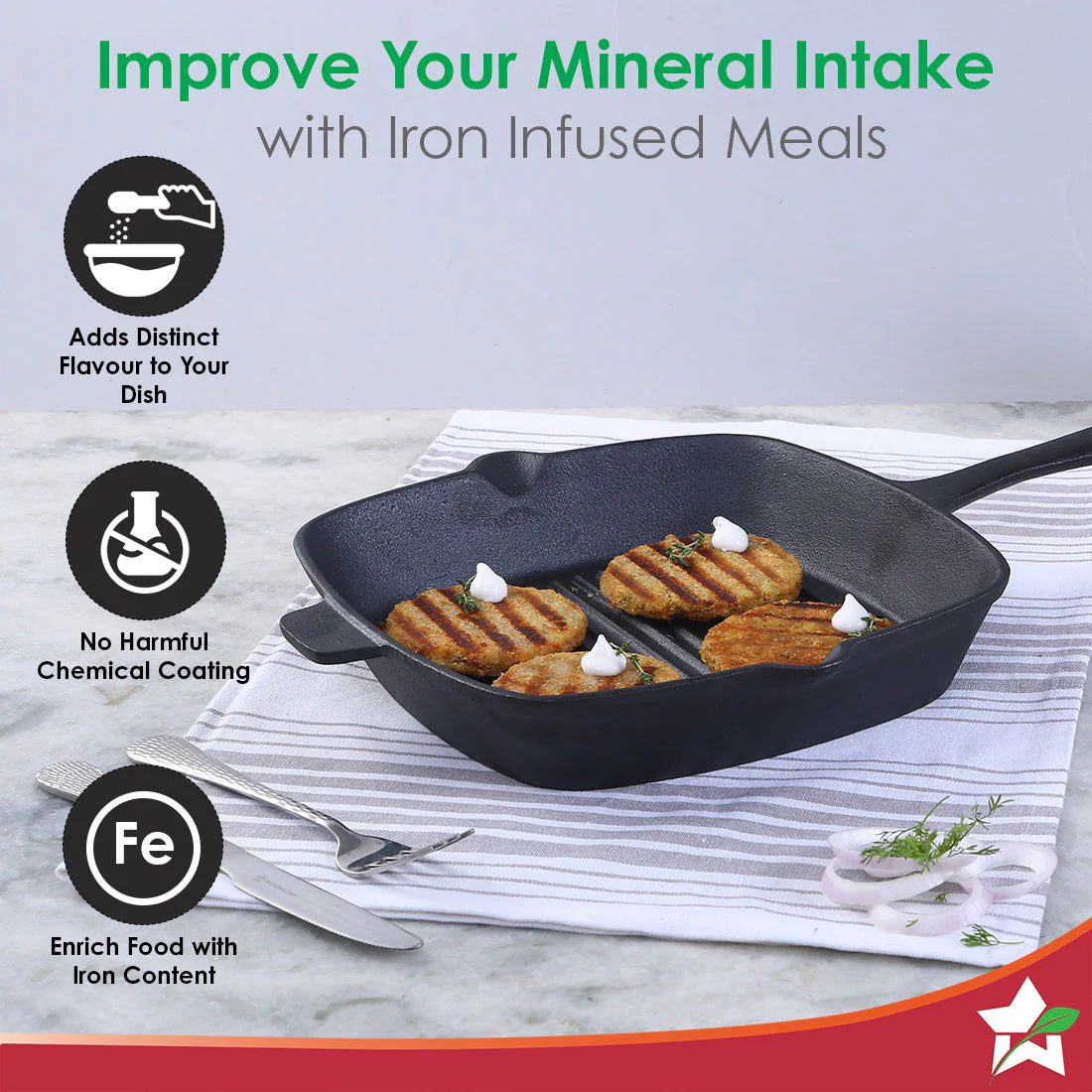 Forza Cast-iron 26 cm Grill Pan, Pre-Seasoned Cookware, Induction Friendly, 3.8 mm - Image 5
